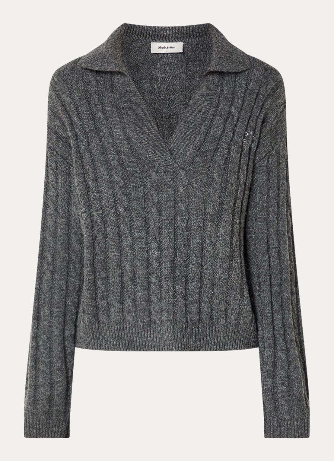 Modström Rise kabelgebreide polo in alpaca wolblend  - voorkant 3 donkergrijs