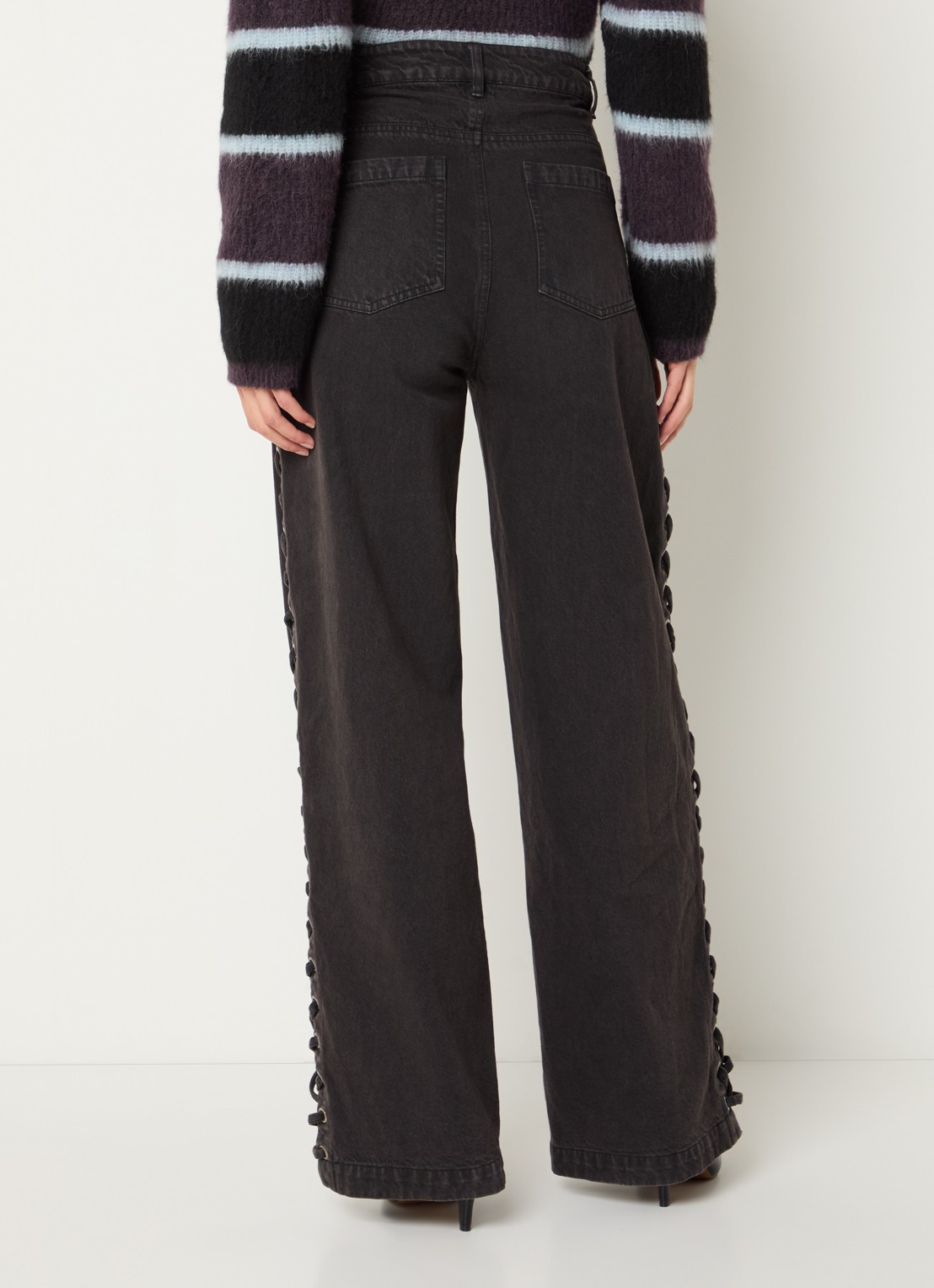 Modström Riya high waist straight leg jeans met rijgdetail - achterkant donkergrijs