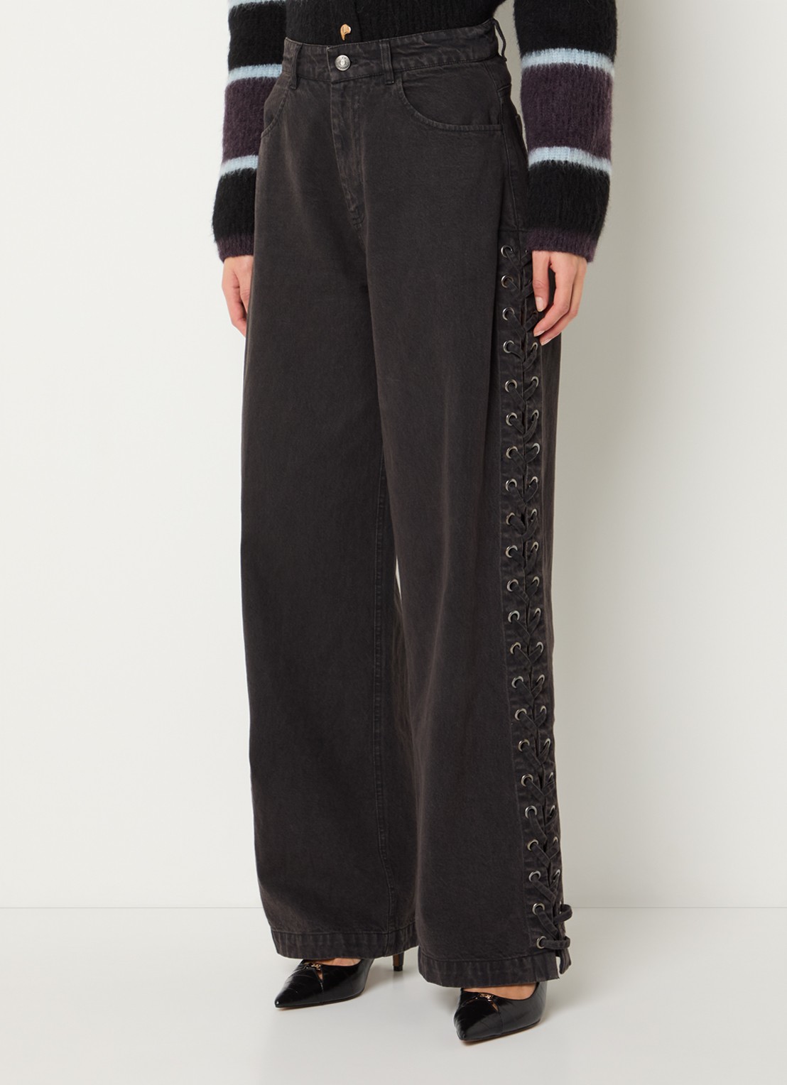 Modström Riya high waist straight leg jeans met rijgdetail - detail 2 donkergrijs