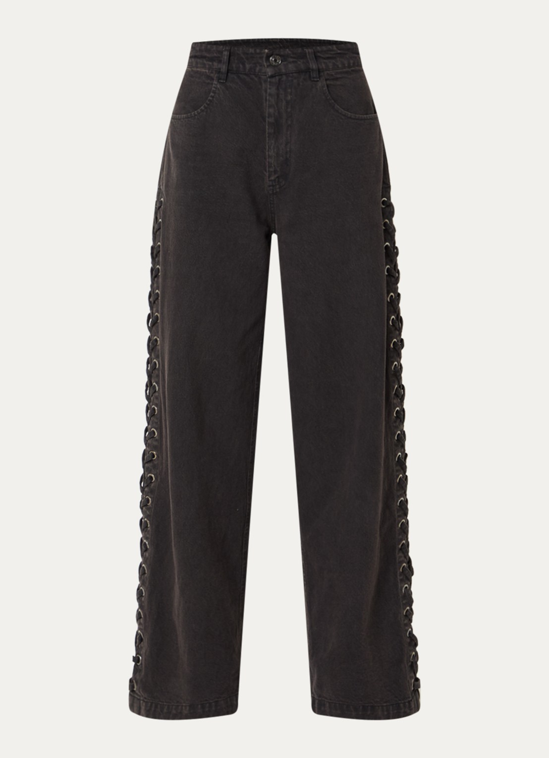Modström Riya high waist straight leg jeans met rijgdetail - voorkant 3 donkergrijs