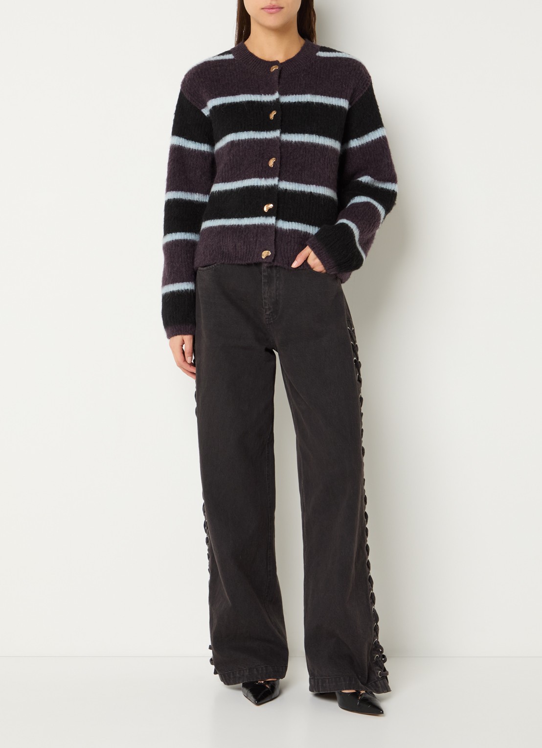 Modström Riya high waist straight leg jeans met rijgdetail - voorkant 4 donkergrijs