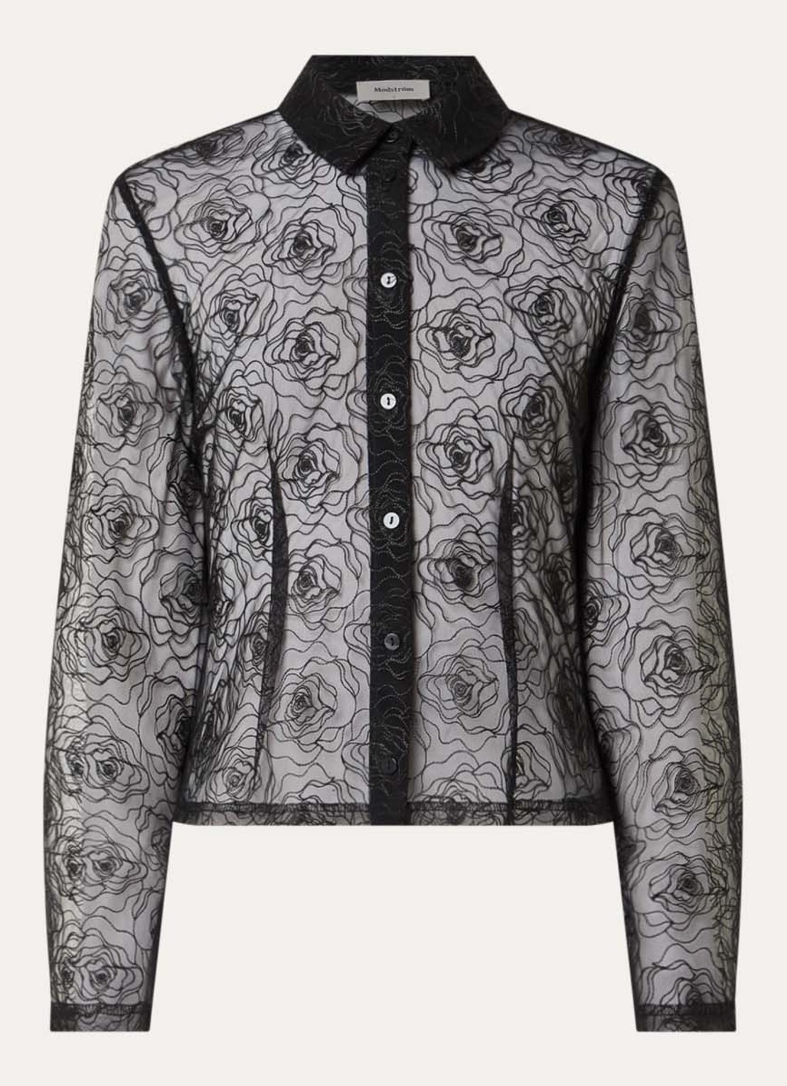 Modström Rocco semi-transparante blouse van kant met bloemenprint - voorkant 2 zwart