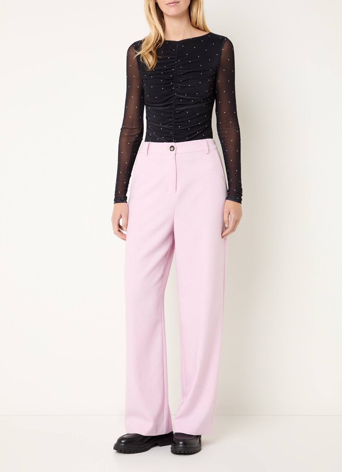 Modström Sophie high waist straight fit pantalon in linnenblend - voorkant 2 oudroze