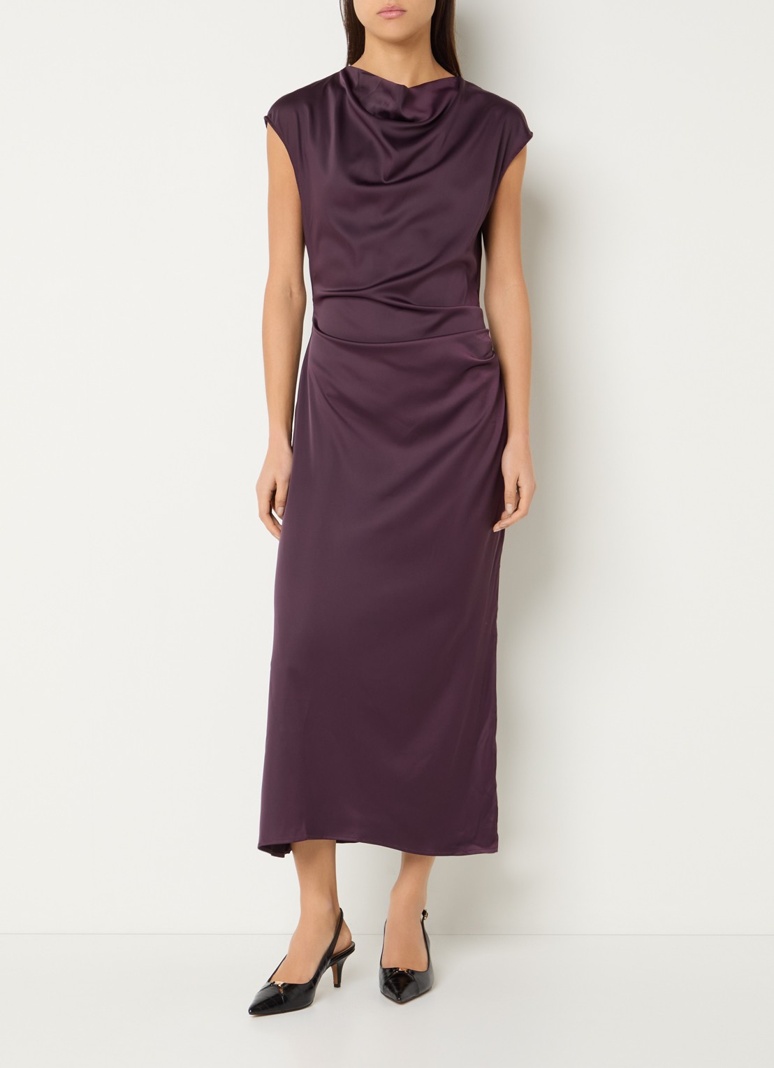 Modström Tailor midi jurk van satijn met split - detail 4 aubergine