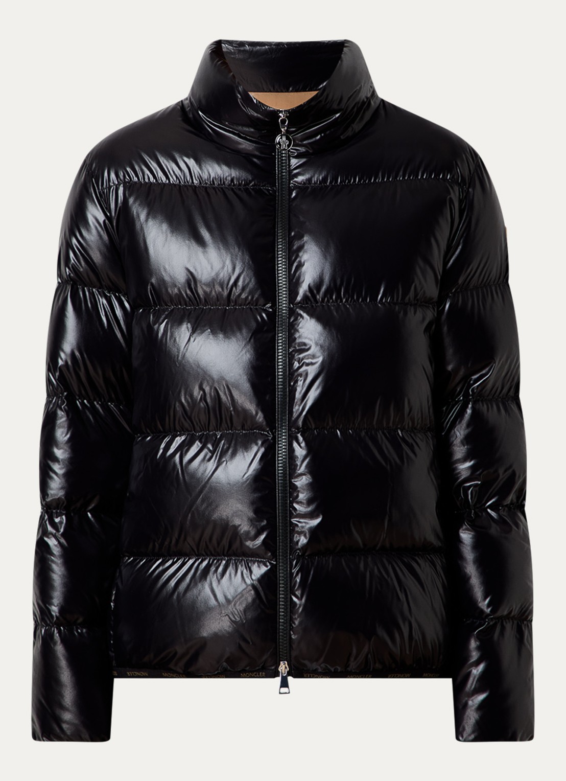 Moncler Abbadia puffer jack met glanzende finish en logo - voorkant zwart