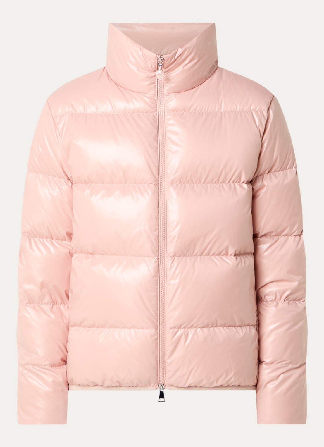Moncler Abbadia puffer jack met glanzende finish en logo - voorkant oudroze