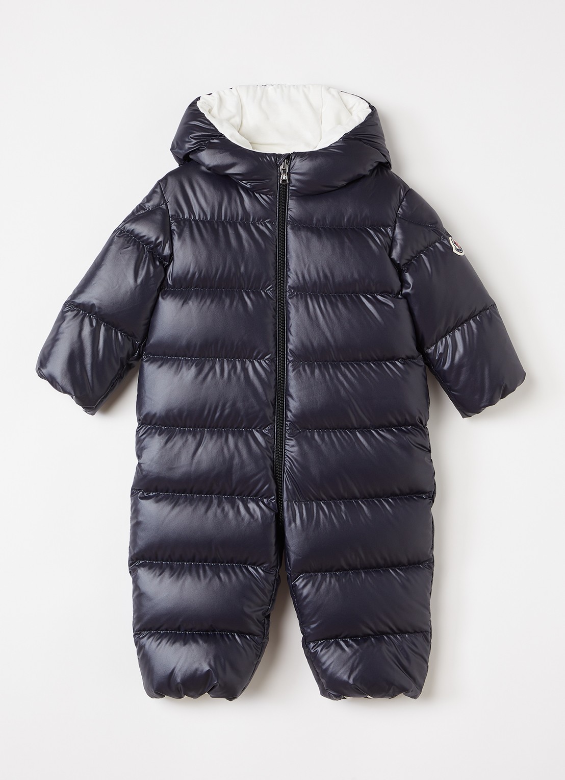 Moncler Alanie gewatteerd babypak met donsvulling - voorkant donkerblauw