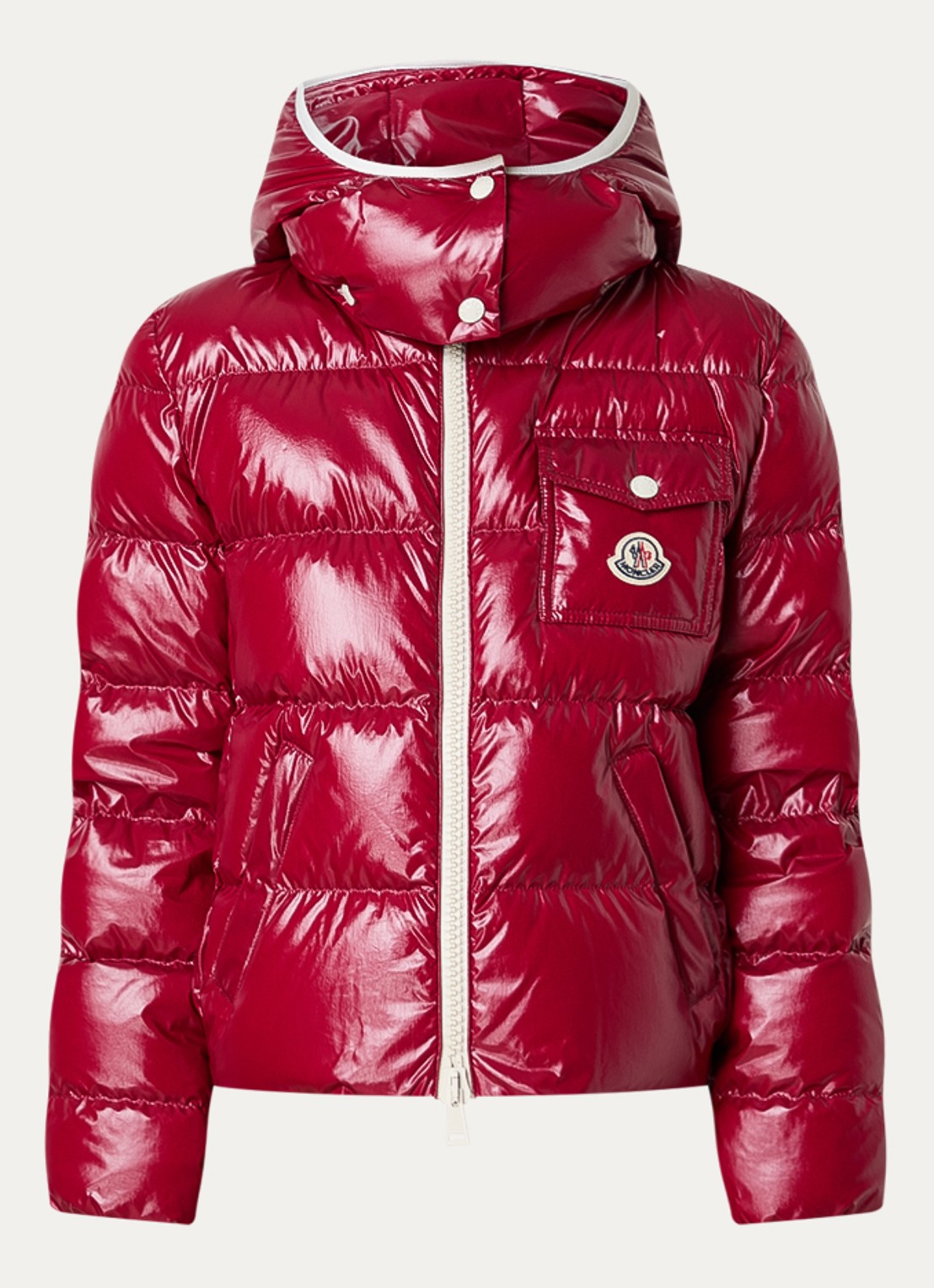 Moncler Andro pufferjack met donsvulling en afneembare capuchon - voorkant 5 kersenrood