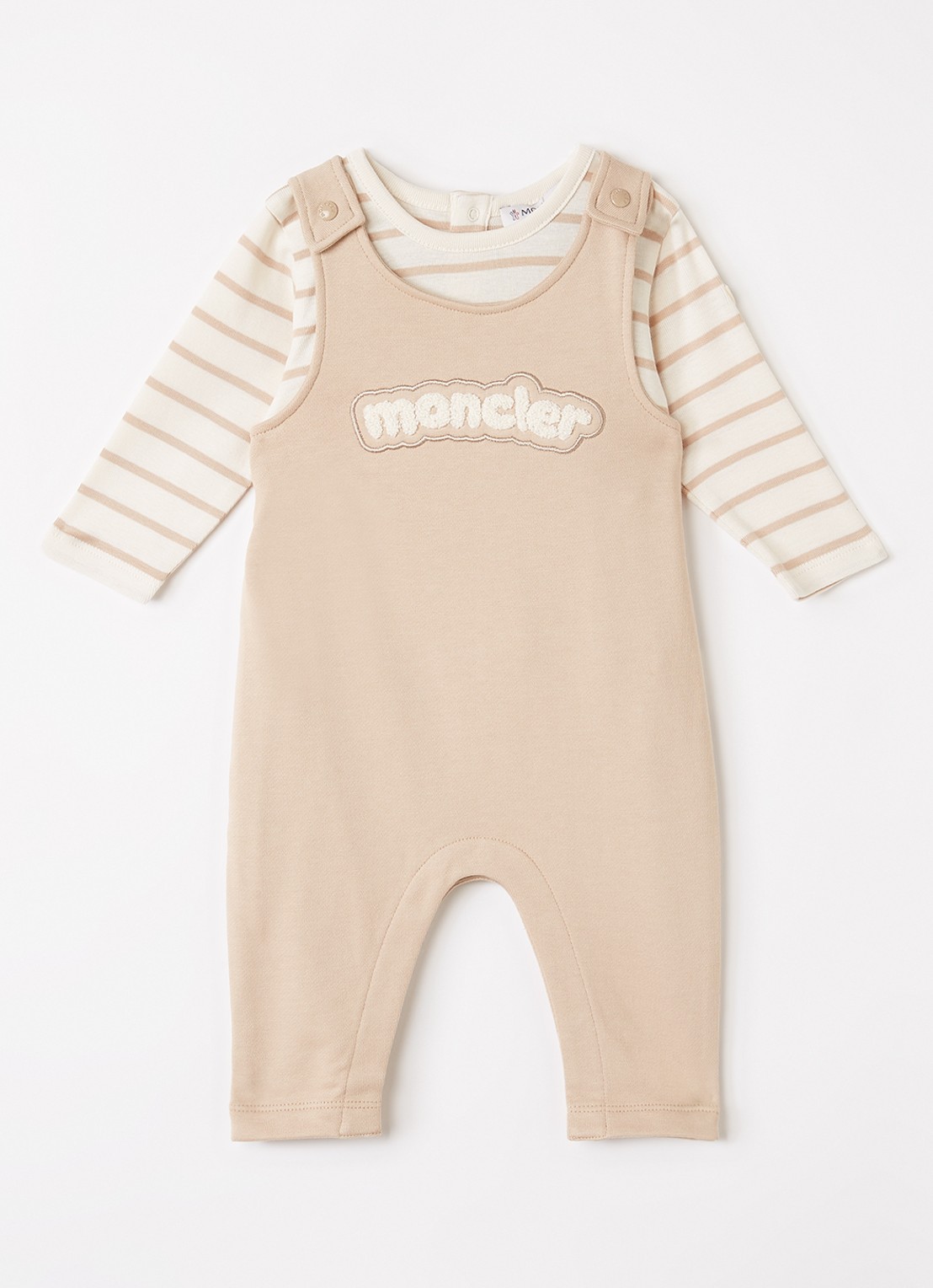 Moncler Babypak met streepprint en logo in giftbox - voorkant beige