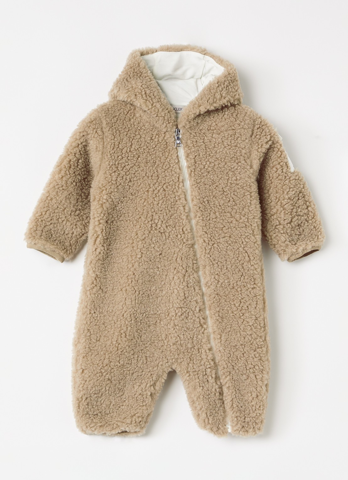 Moncler Babypak van teddy met capuchon - voorkant donkerbeige