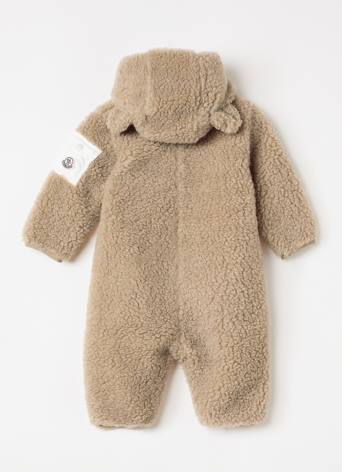Moncler Babypak van teddy met capuchon - voorkant 2 donkerbeige