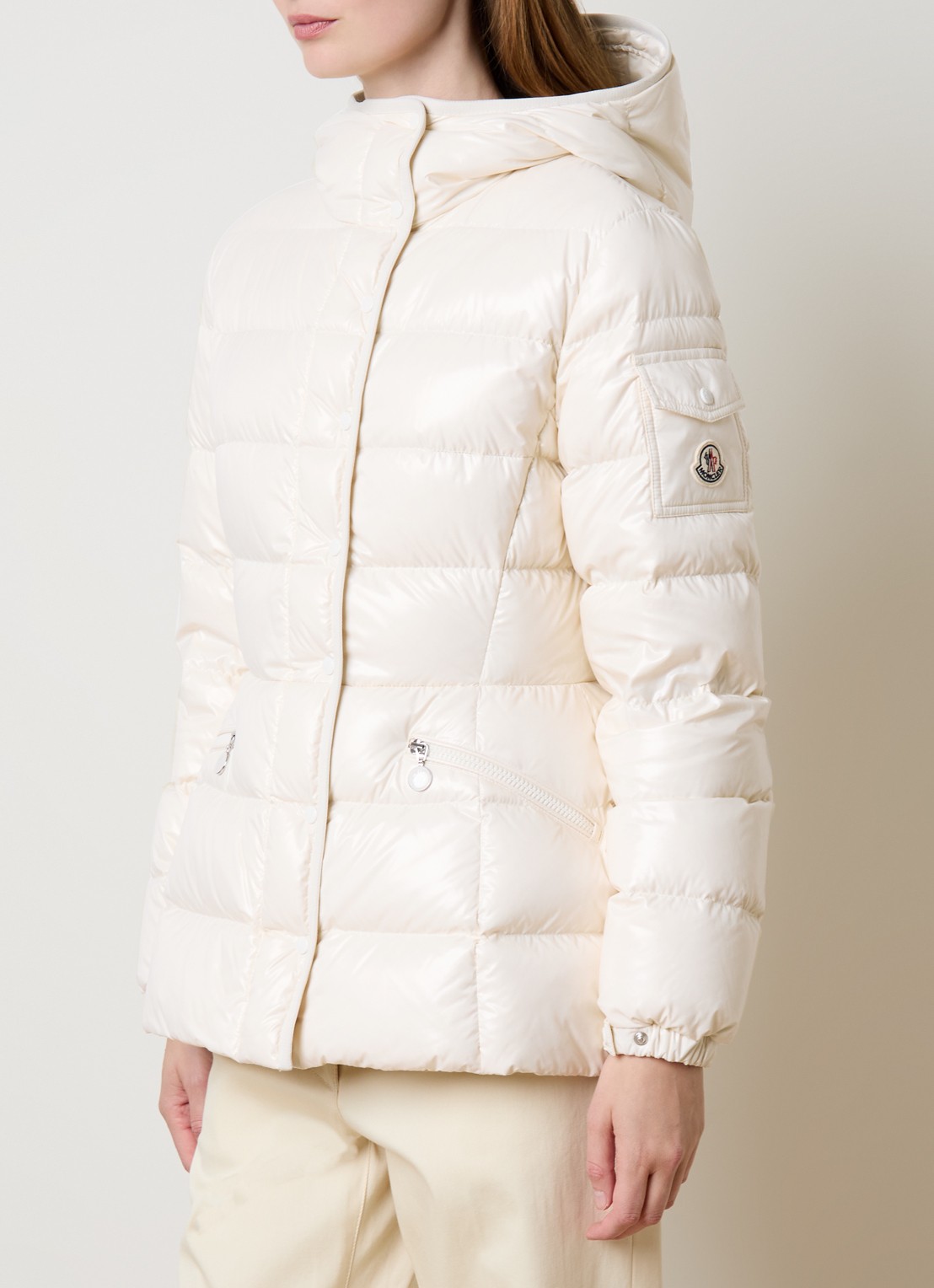 Moncler Barante gewatteerde jas met donsvulling en capuchon - detail gebroken wit