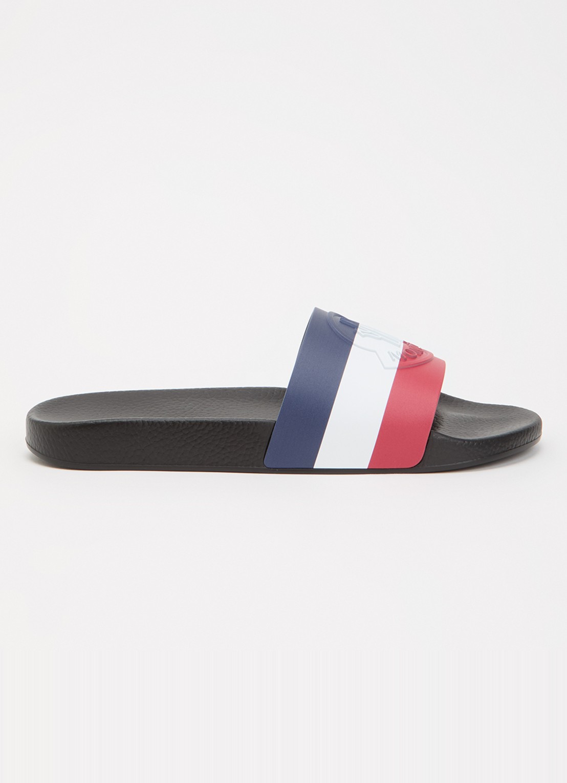 Moncler Basile slipper met streepprint en logo - voorkant zwart