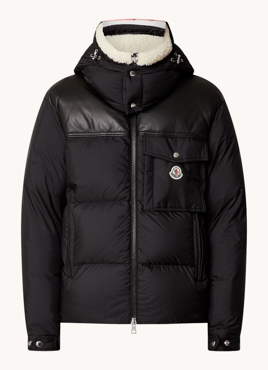 Moncler Braye puffer jack met details van leer en afneembare capuchon  - voorkant 2 zwart