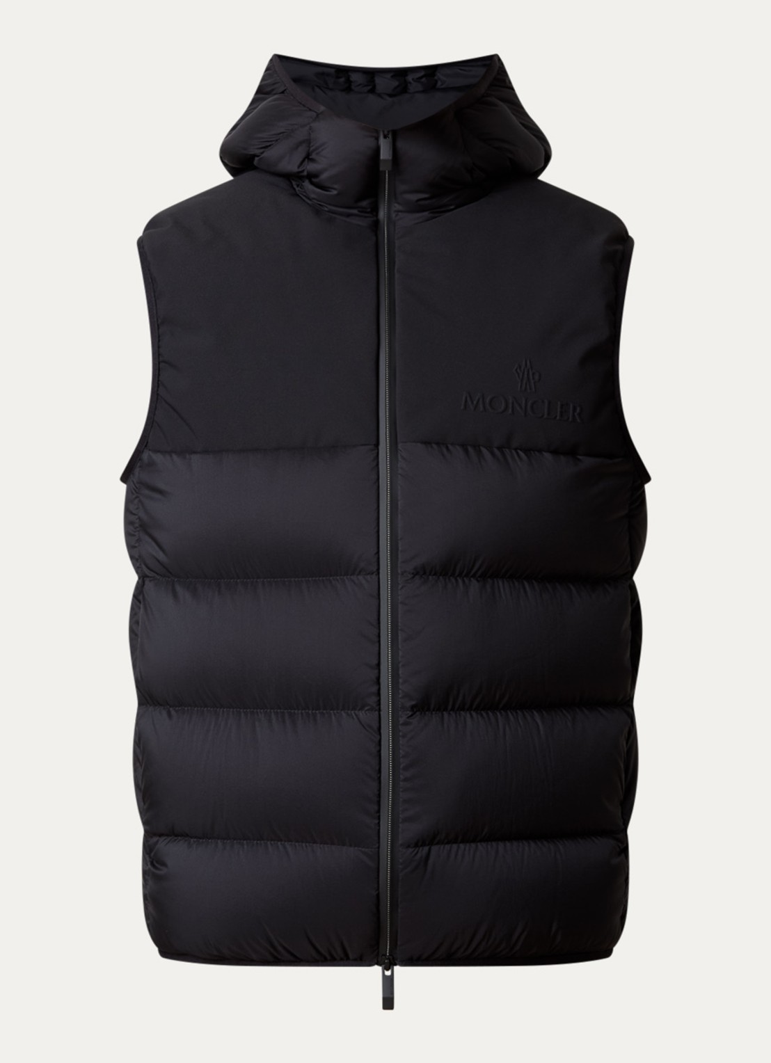 Moncler Bresse gewatteerde bodywarmer met donsvulling en capuchon - voorkant zwart