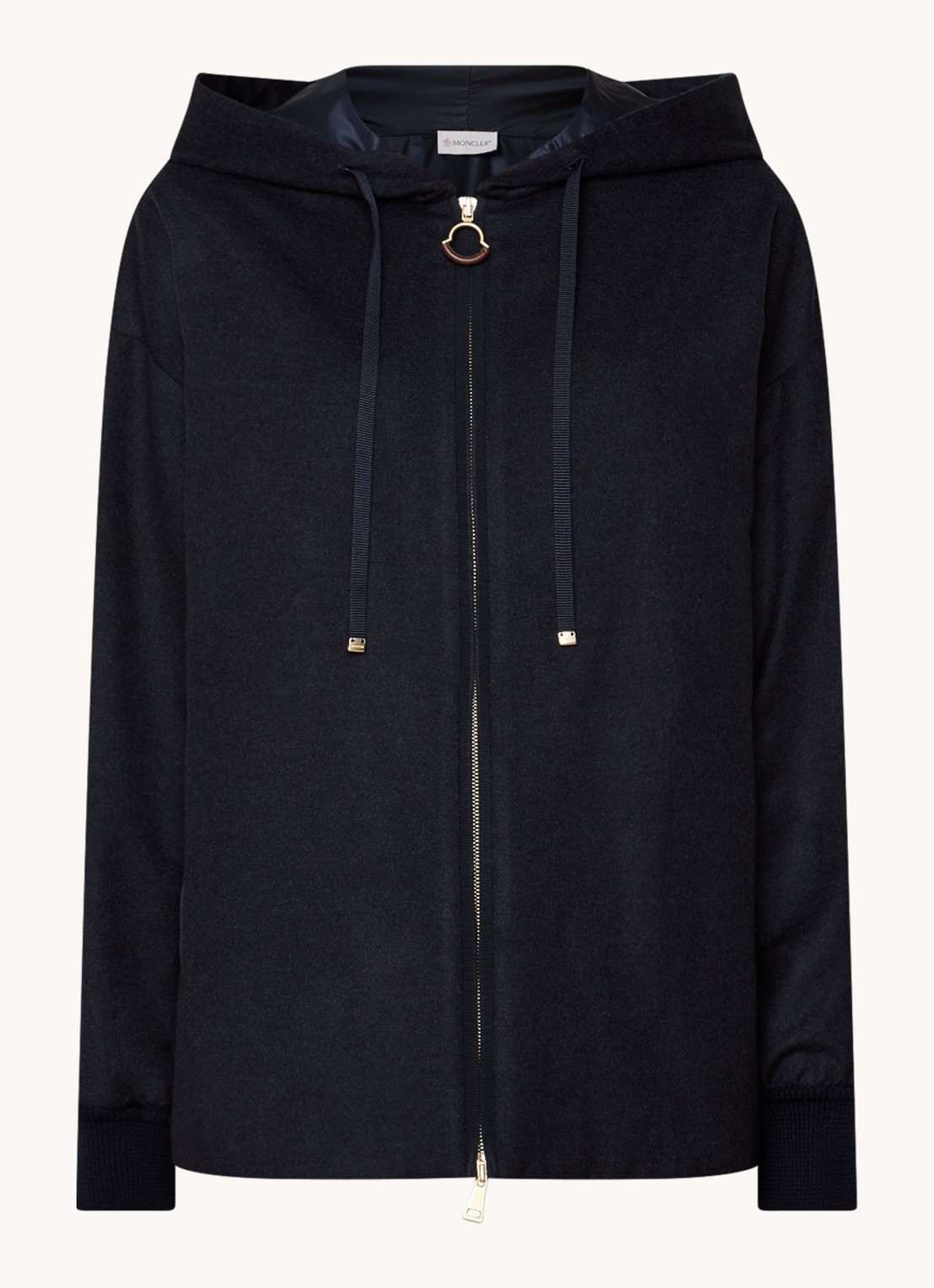 Moncler Camicia fijngebreid vest in kasjmierblend met capuchon - voorkant 5 donkerblauw