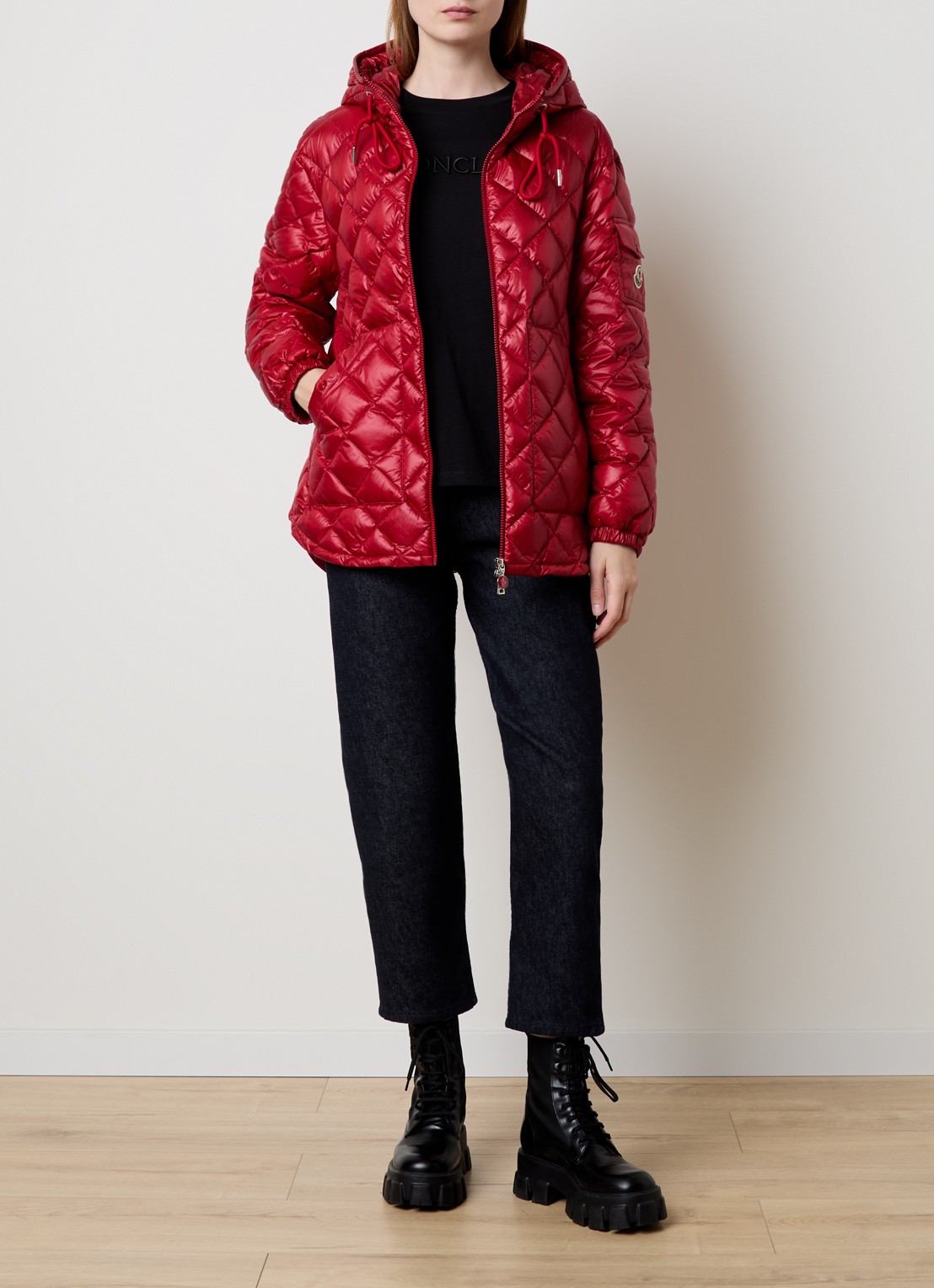 Moncler Camicia gewatteerde jas met donsvulling en quilt patroon - voorkant 3 kersenrood