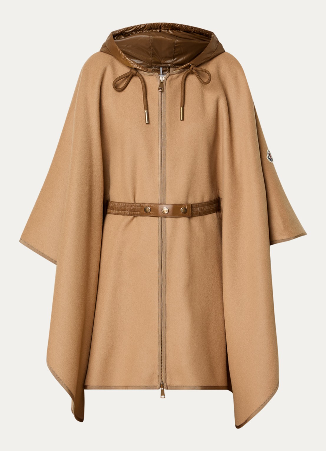 Moncler Cape in wolblend met ceintuur en capuchon - voorkant camel