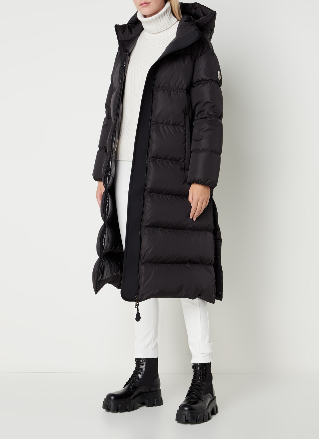 Moncler Catchet longline puffer jas met donsvulling en ritszakken  - voorkant 3 zwart