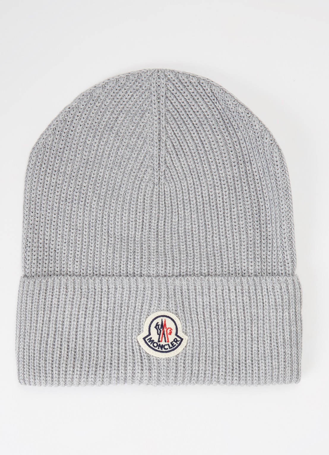 Moncler Classic ribgebreide muts met logo - voorkant grijs