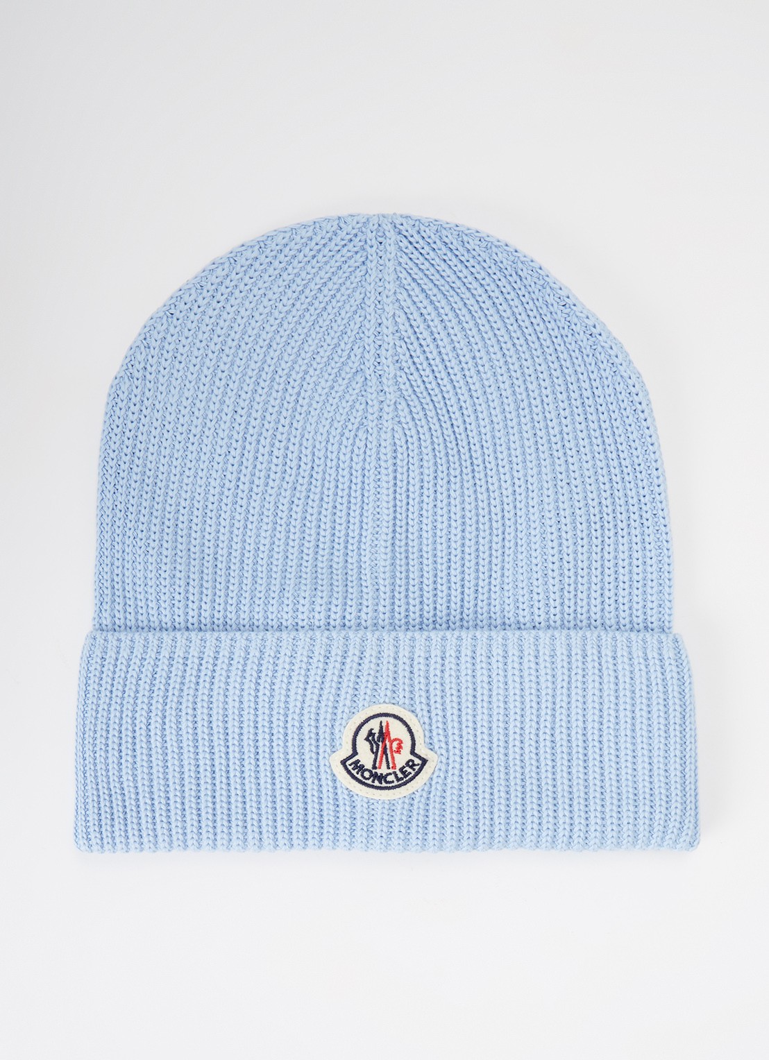 Moncler Classic ribgebreide muts met logo - voorkant lichtblauw