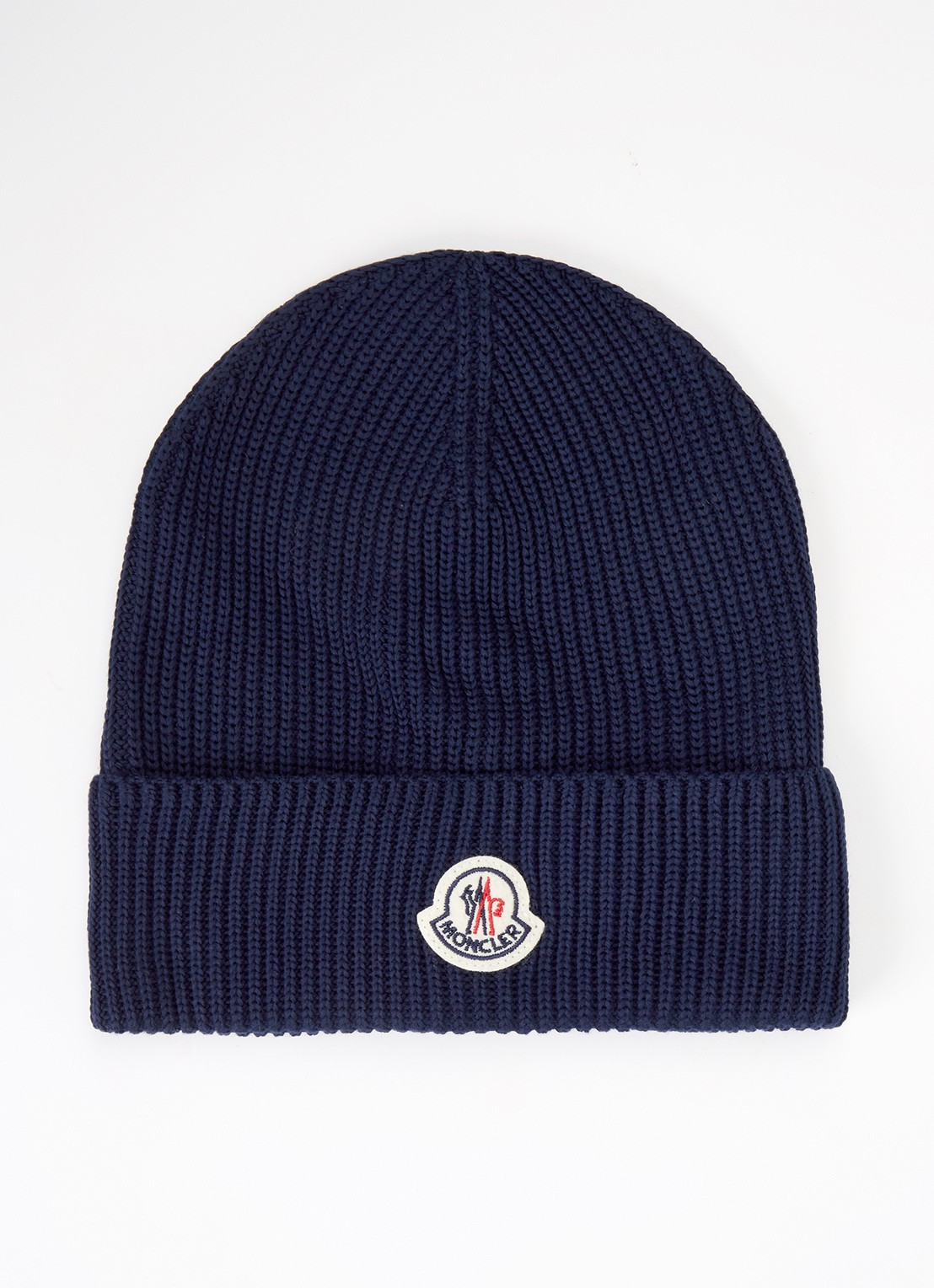 Moncler Classic ribgebreide muts met logo - voorkant donkerblauw