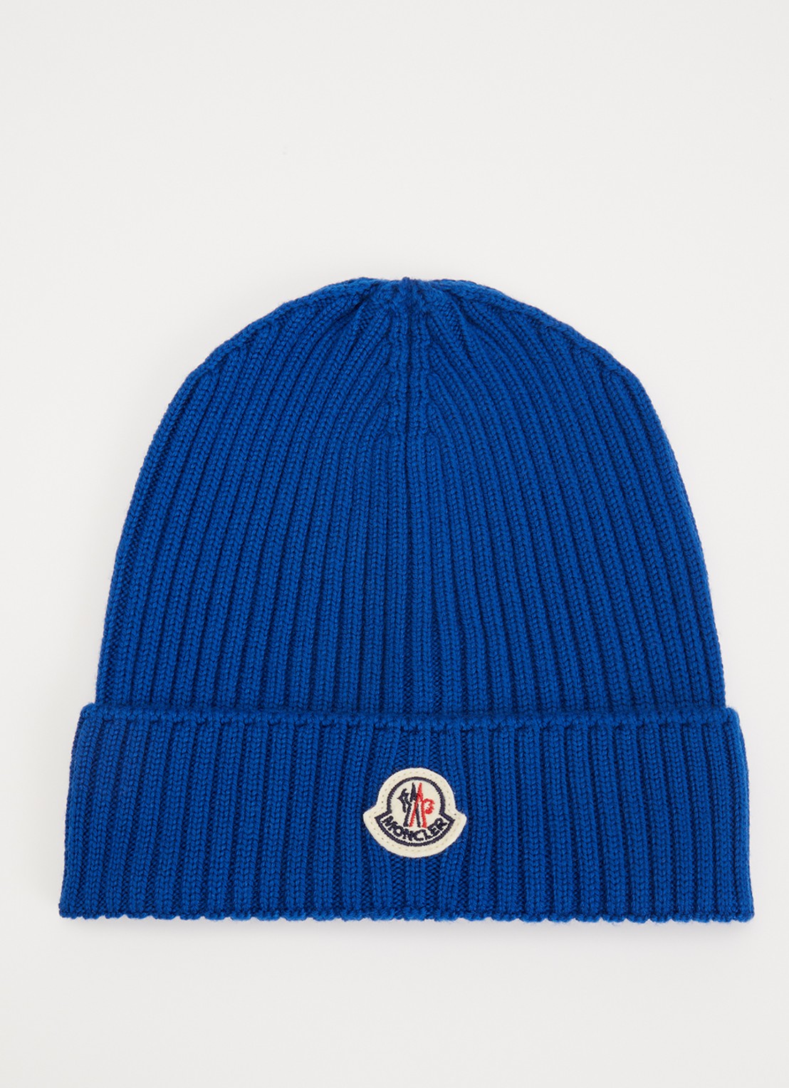 Moncler Classic ribgebreide muts van wol met logo - voorkant kobaltblauw