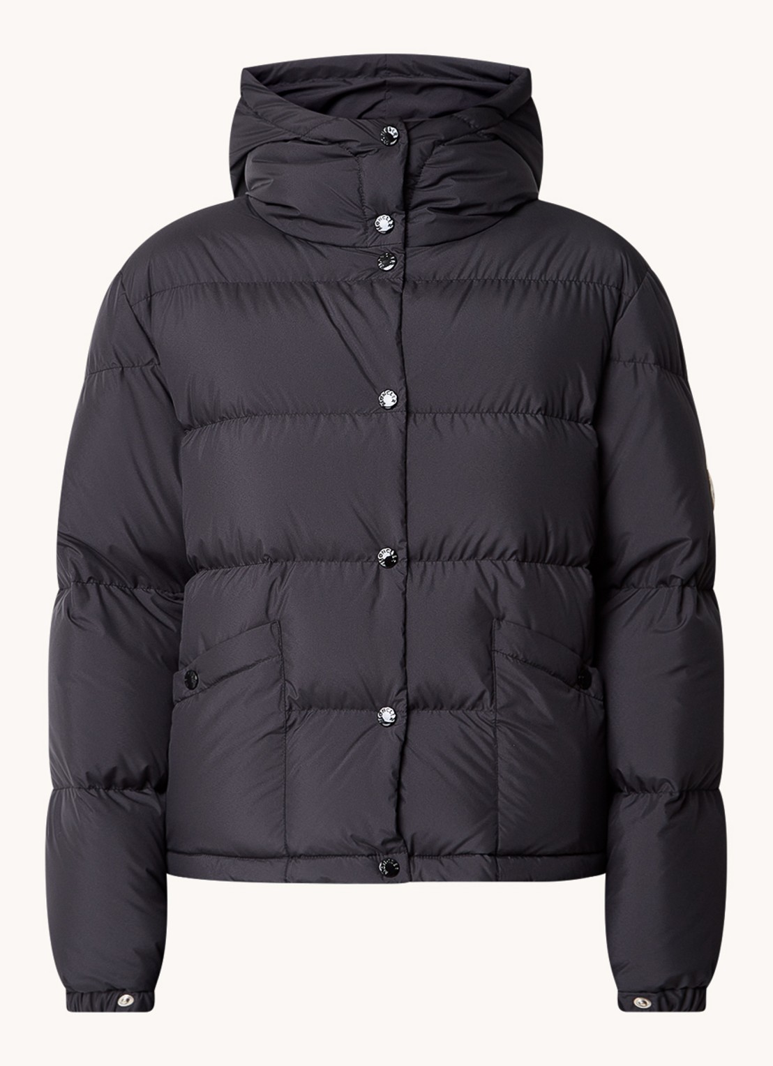 Moncler Ebre puffer jack met donsvulling en logoborduring - voorkant 6 zwart