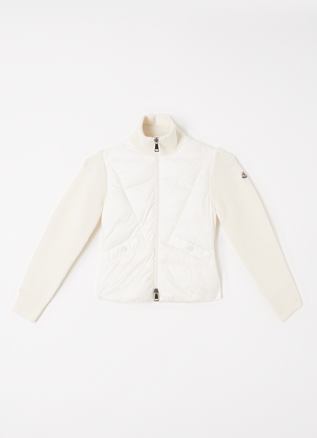 Moncler Fijngebreid jack van wol met donsvulling - voorkant 2 gebroken wit