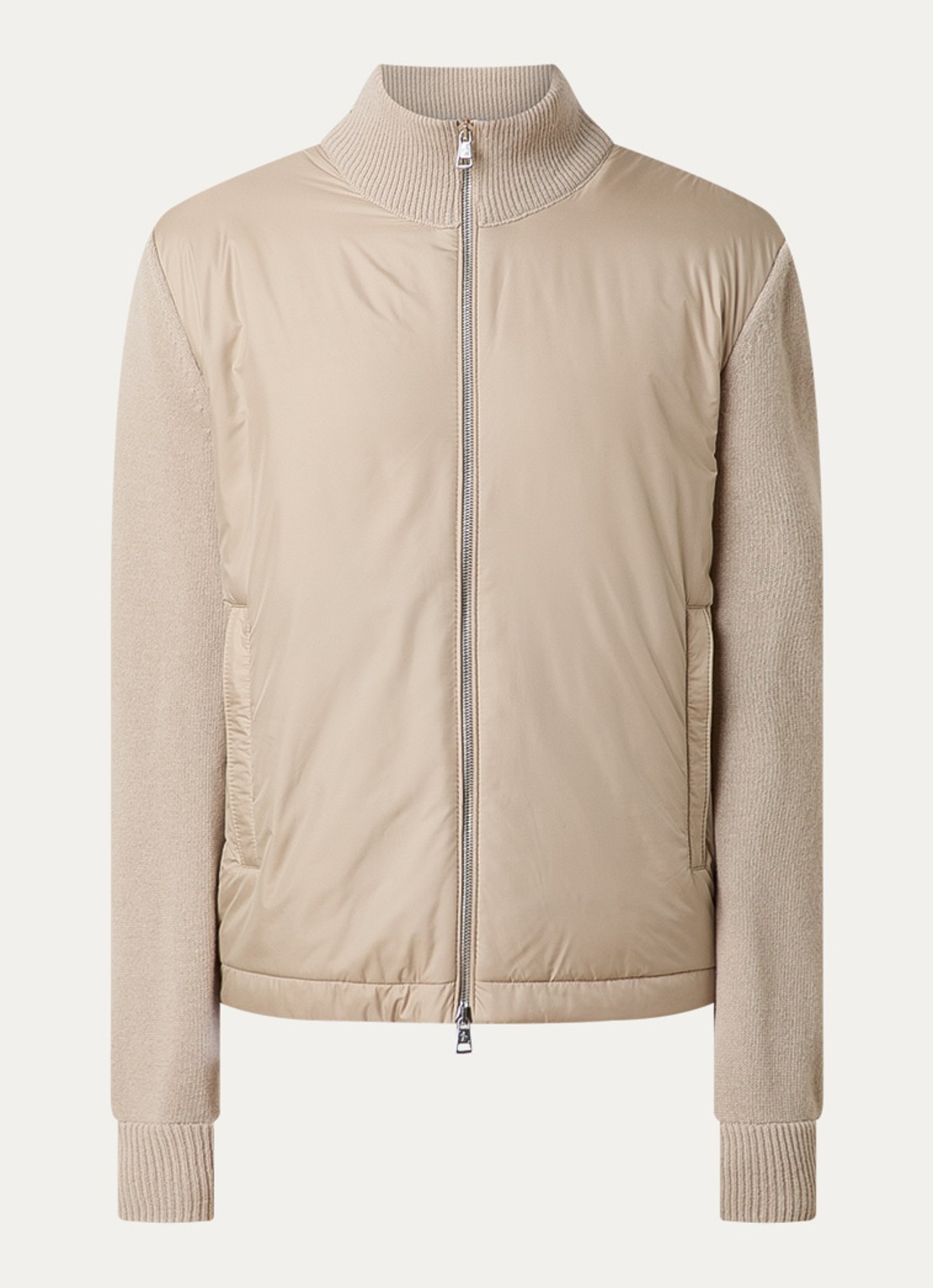Moncler Fijngebreid vest in scheerwolblend met gewatteerd voorpand met donsvulling - voorkant 5 beige