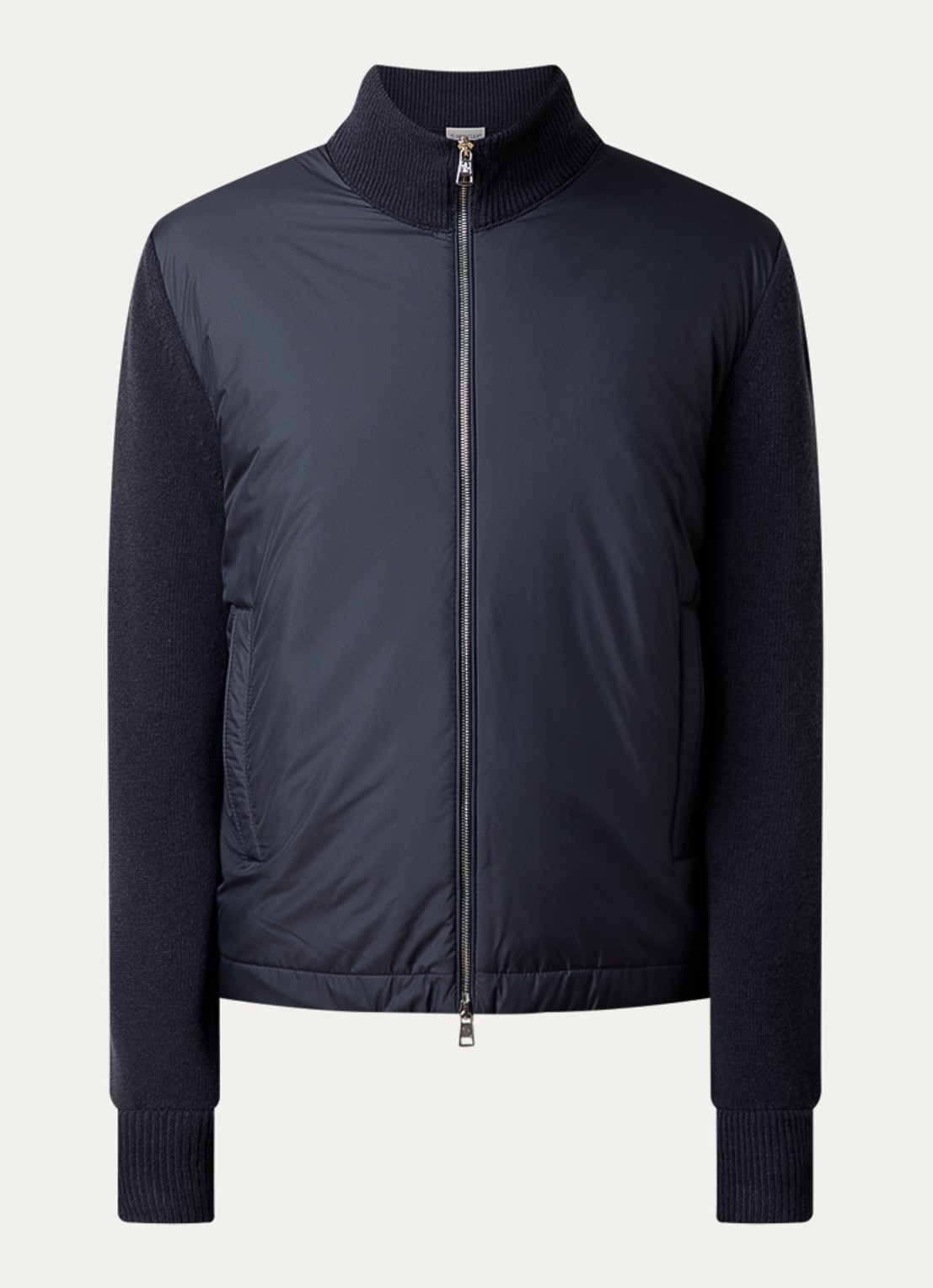 Moncler Fijngebreid vest in scheerwolblend met gewatteerd voorpand met donsvulling - voorkant 5 donkerblauw