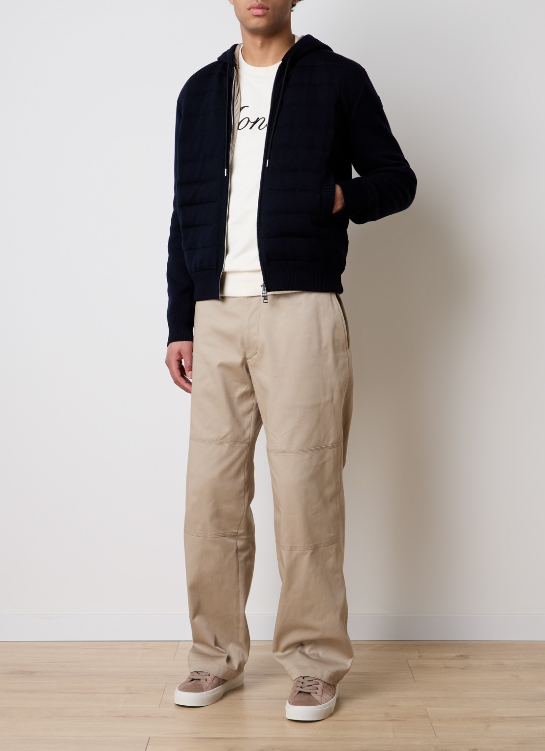 Moncler Fijngebreid vest van scheerwol met gewatteerd voorpand en donsvulling - voorkant 6 donkerblauw