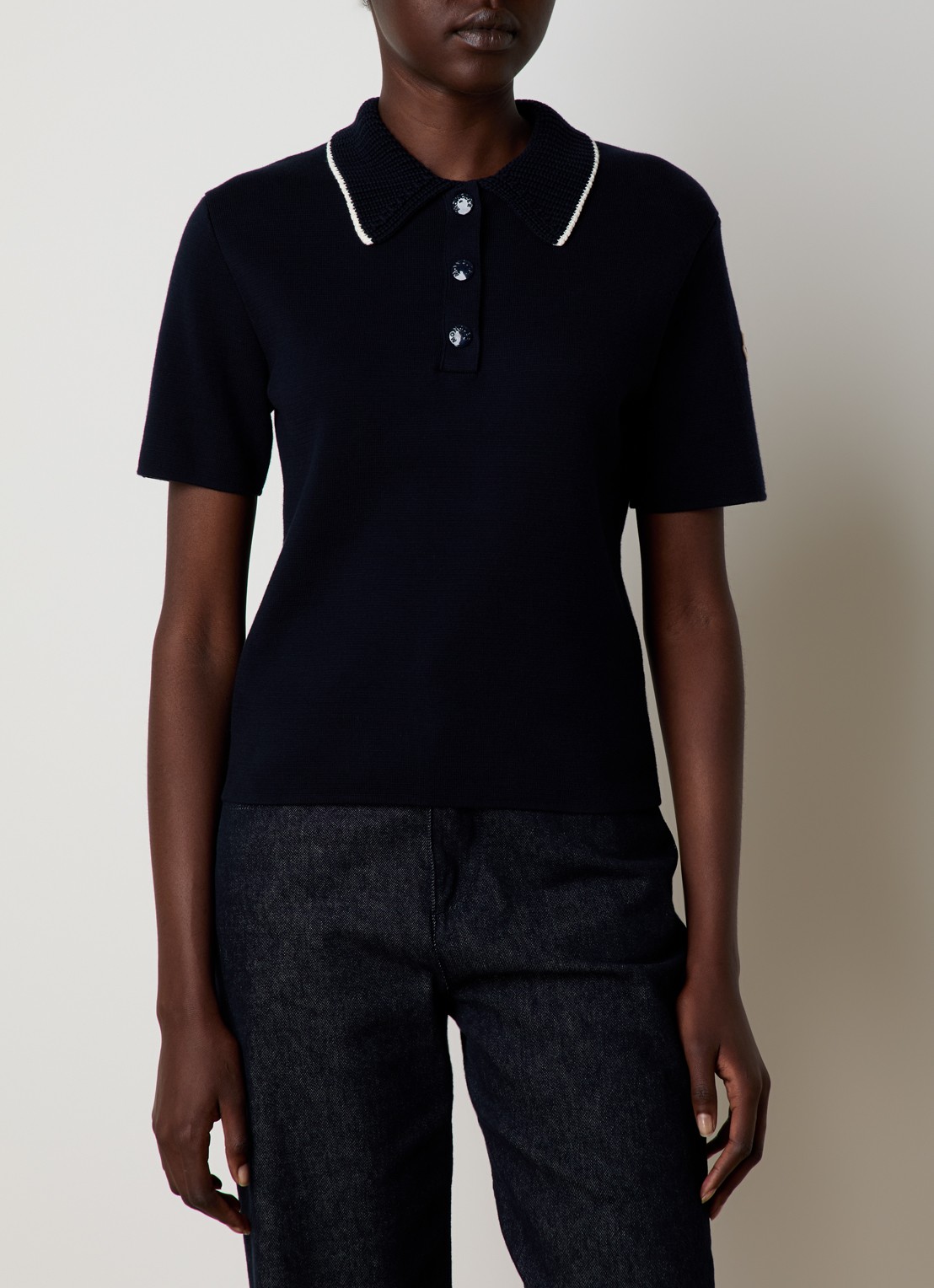 Moncler Fijngebreide polo met logo - detail 4 donkerblauw