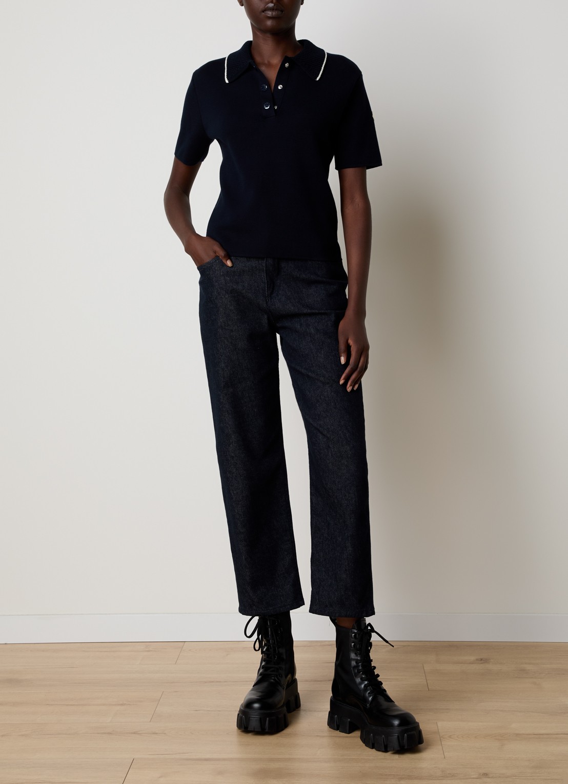 Moncler Fijngebreide polo met logo - voorkant 3 donkerblauw