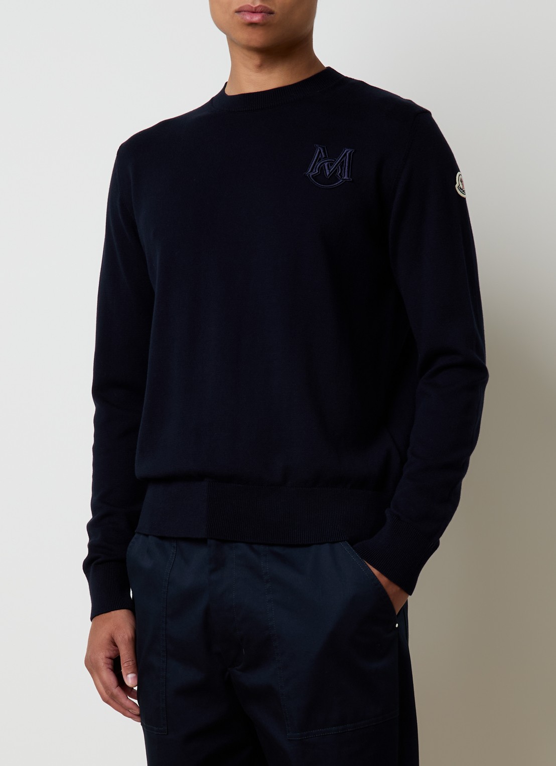 Moncler Fijngebreide pullover met logoborduring - detail 4 donkerblauw