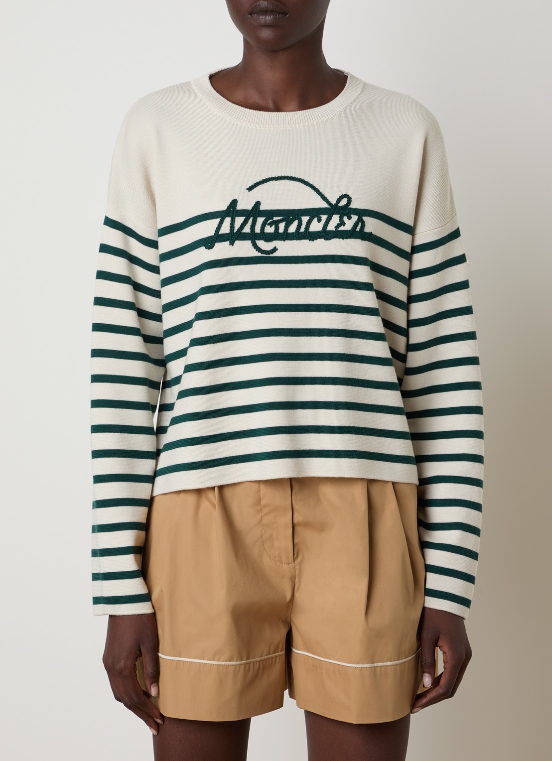 Moncler Fijngebreide trui met ingebreid patroon en logoborduring - detail beige