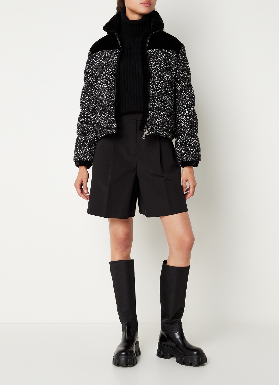 Moncler Girotte puffer jack van tweed met donsvulling - voorkant 4 zwart