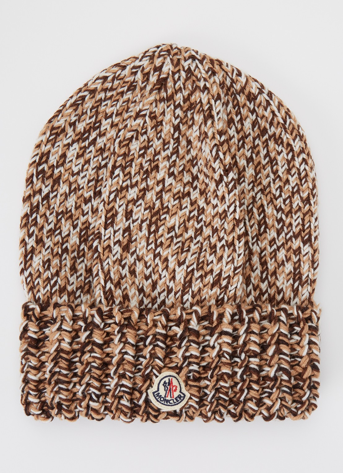 Moncler Grofgebreide muts van wol met gemêleerd dessin - voorkant lichtbruin