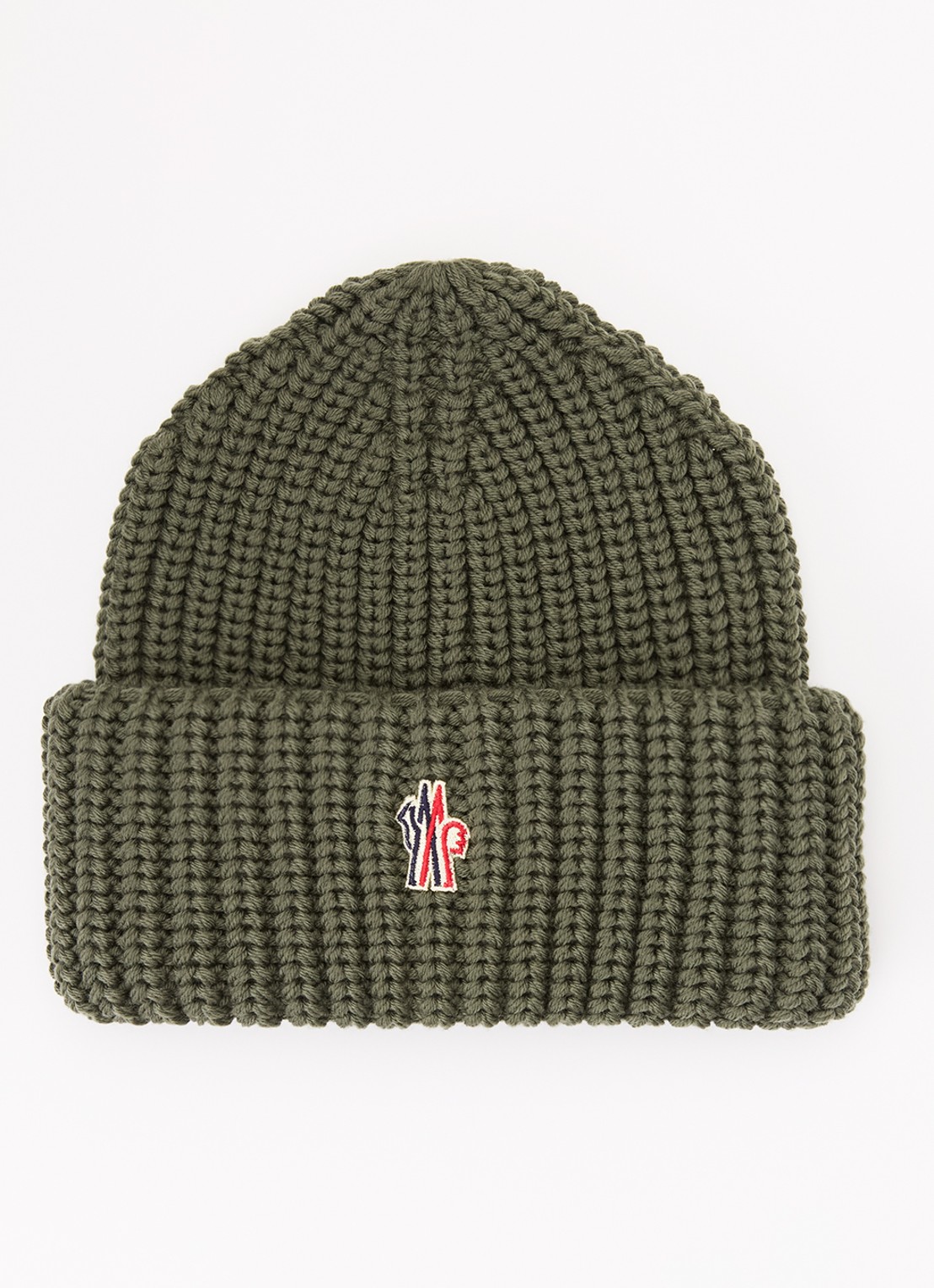 Moncler Grofgebreide muts van wol met logo - voorkant legergroen