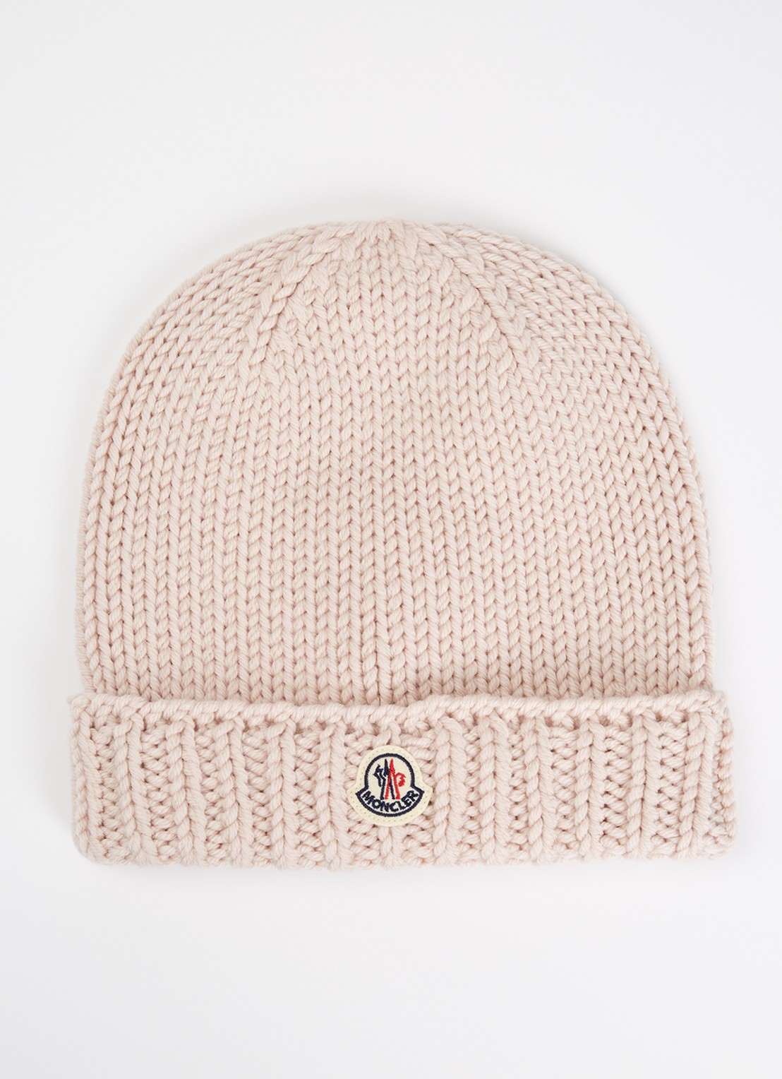 Moncler Grofgebreide muts van wol met logo - voorkant lichtroze
