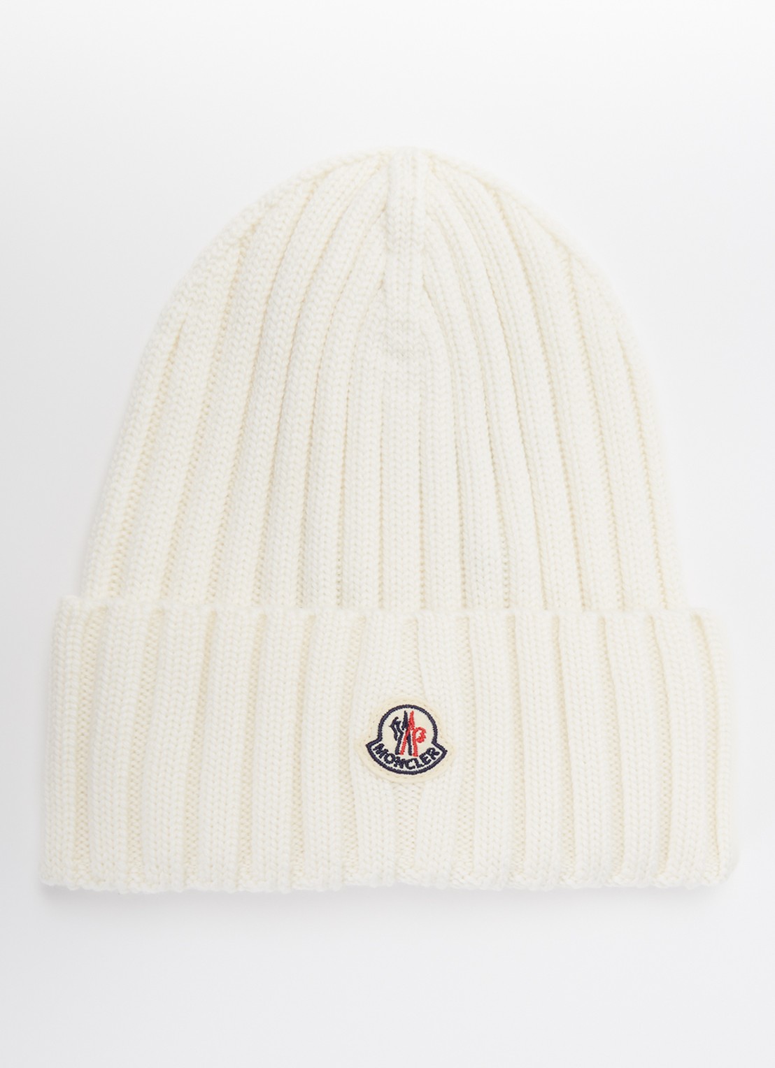 Moncler Grofgebreide muts van wol met logo - voorkant creme