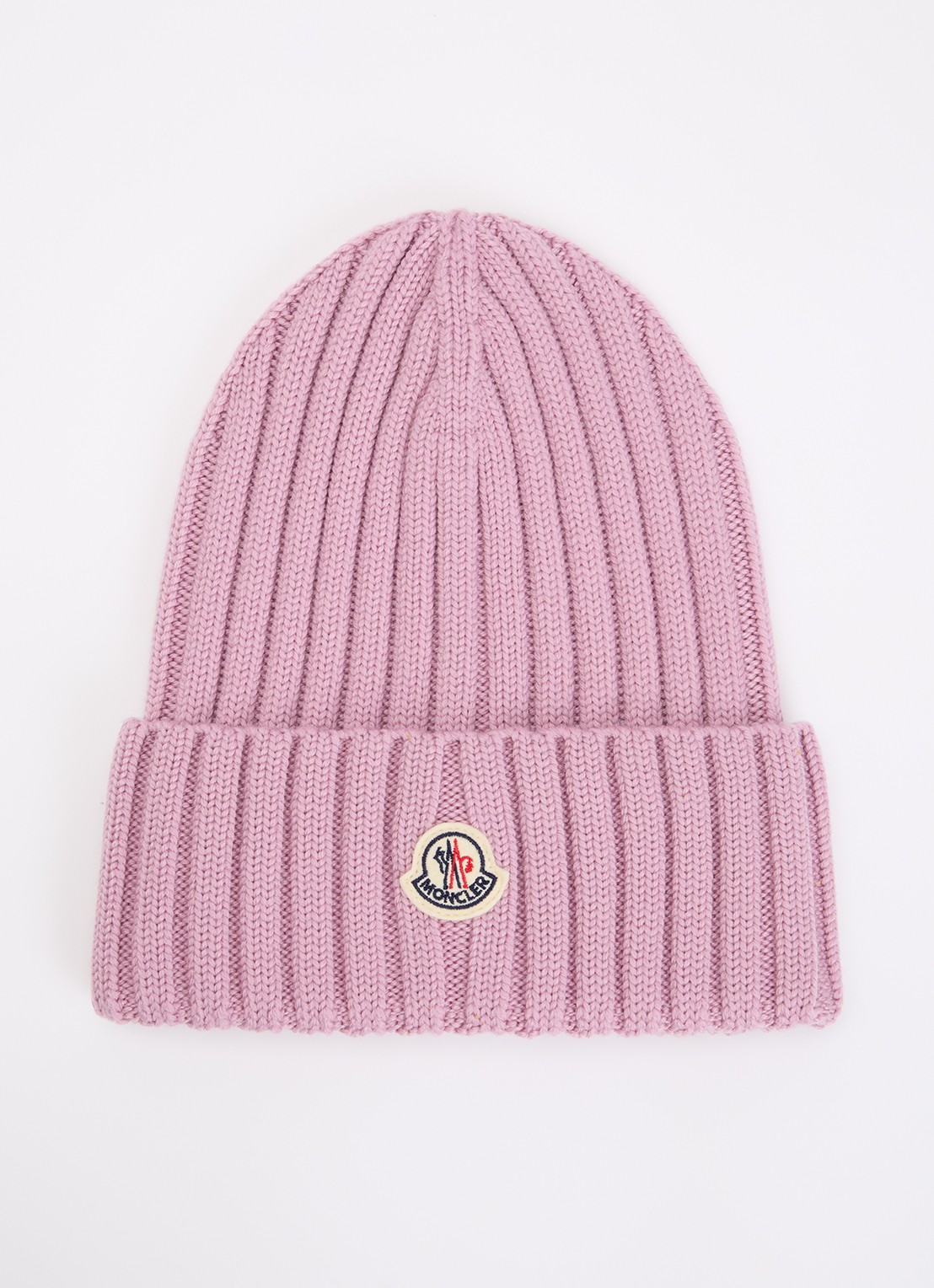 Moncler Grofgebreide muts van wol met logo - voorkant roze