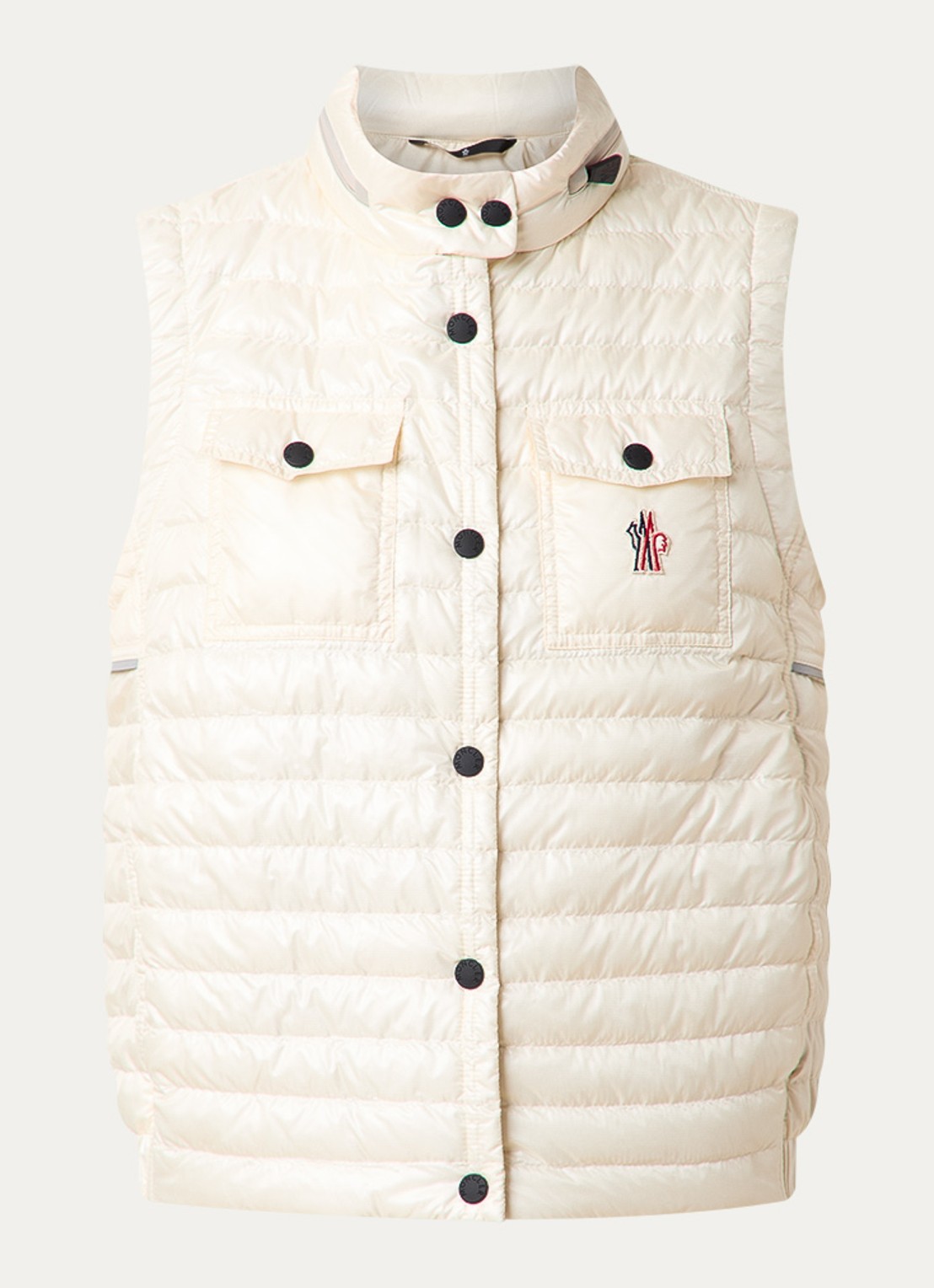 Moncler Gumiane gewatteerde bodywarmer met donsvulling en opbergbare capuchon - voorkant creme