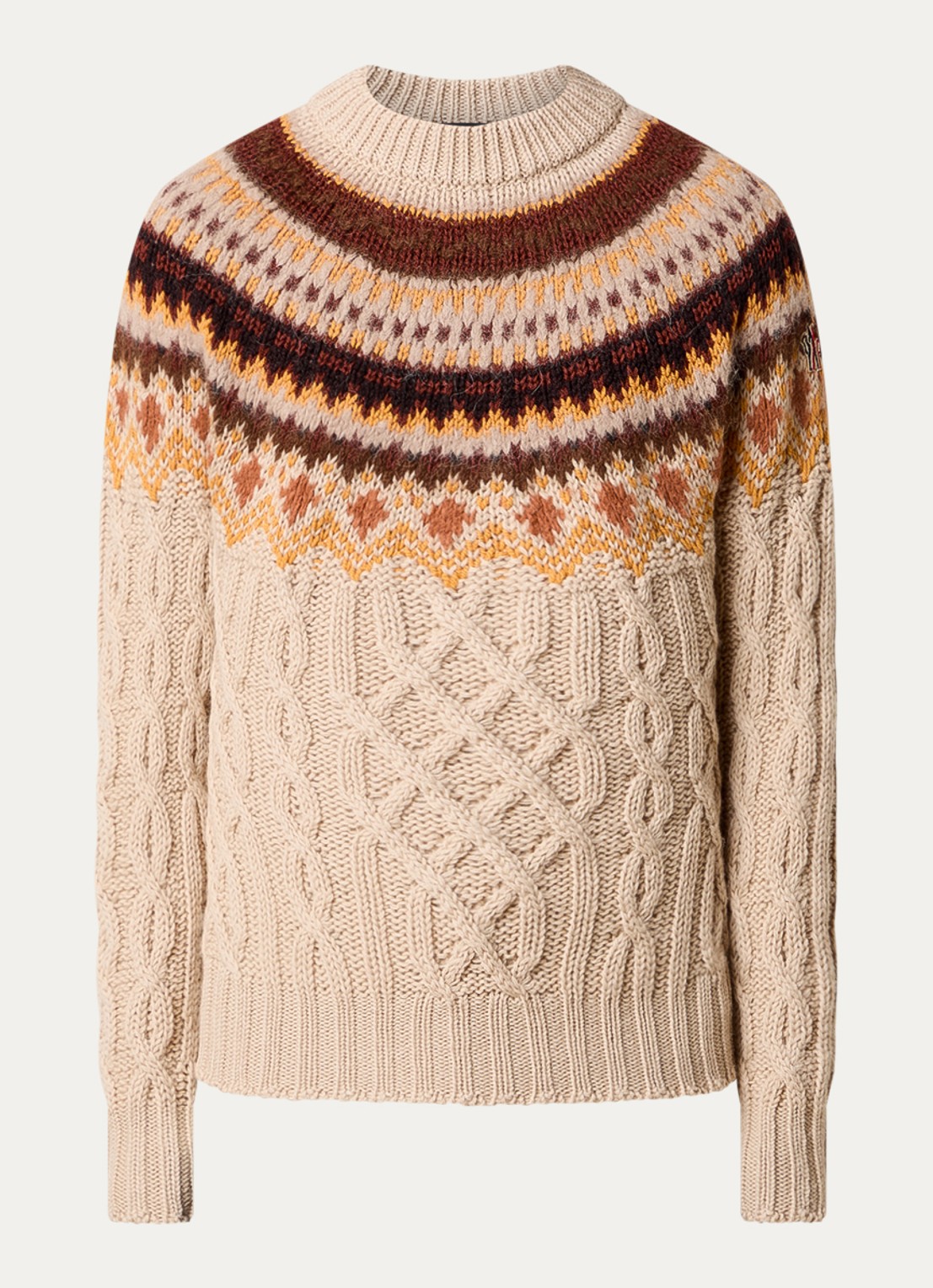 Moncler Kabelgebreide trui van scheerwol met ingebreid patroon - voorkant beige