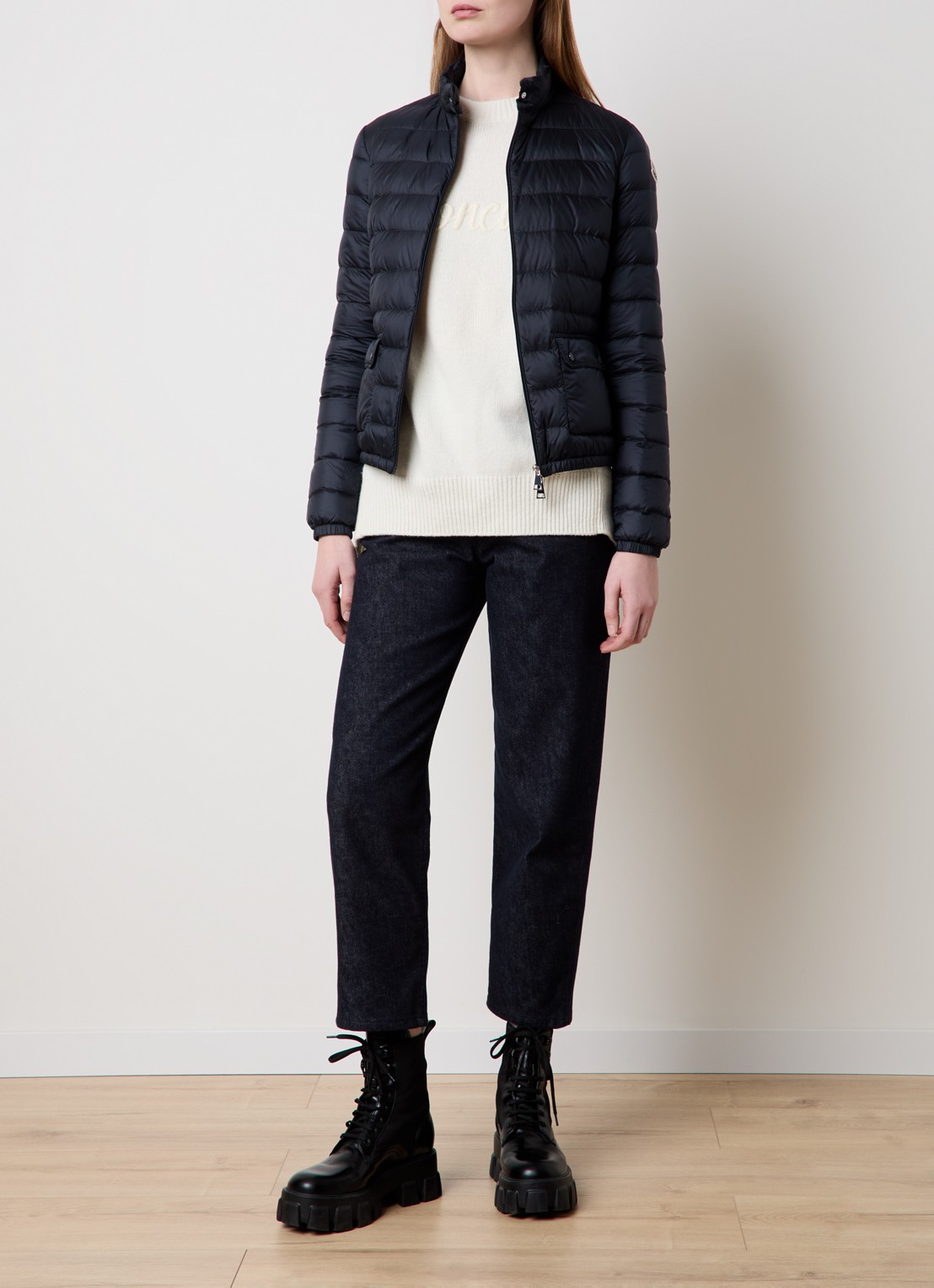 Moncler Lans gewatteerd jack met donsvulling en logoborduring - voorkant 6 donkerblauw