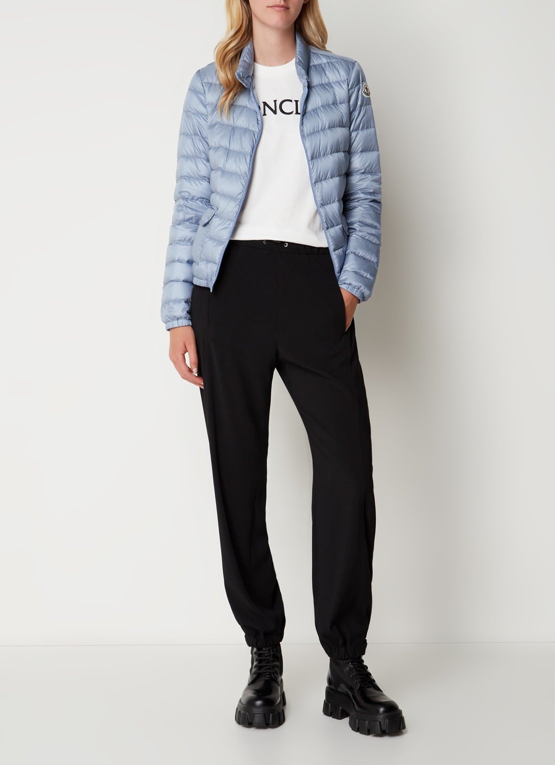 Moncler Lans gewatteerd jack met donsvulling met logoborduring - voorkant 6 staalblauw