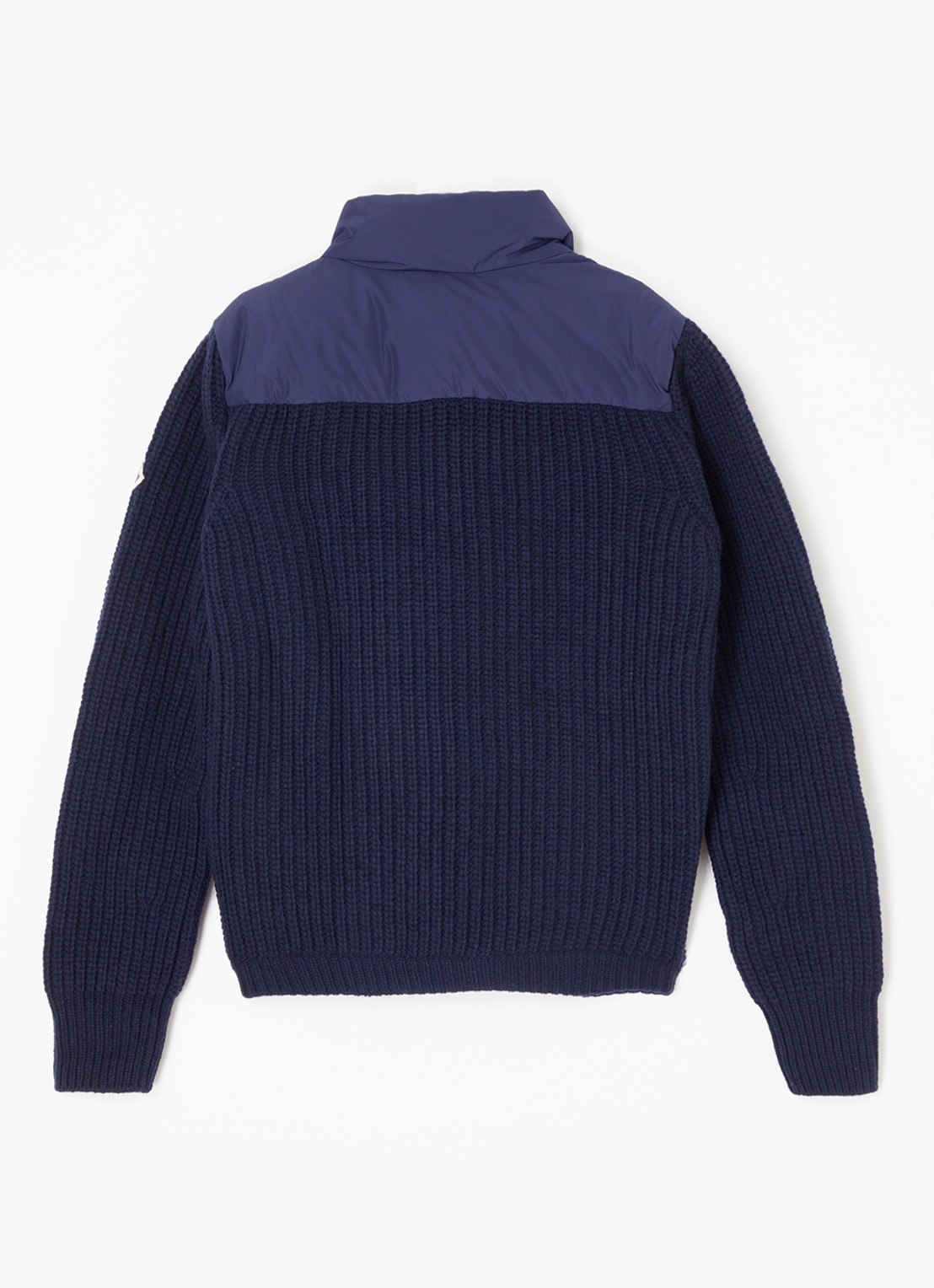 Moncler M1241 grofgebreid vest van wol met gewatteerde voorpand met donsvulling - achterkant blauw