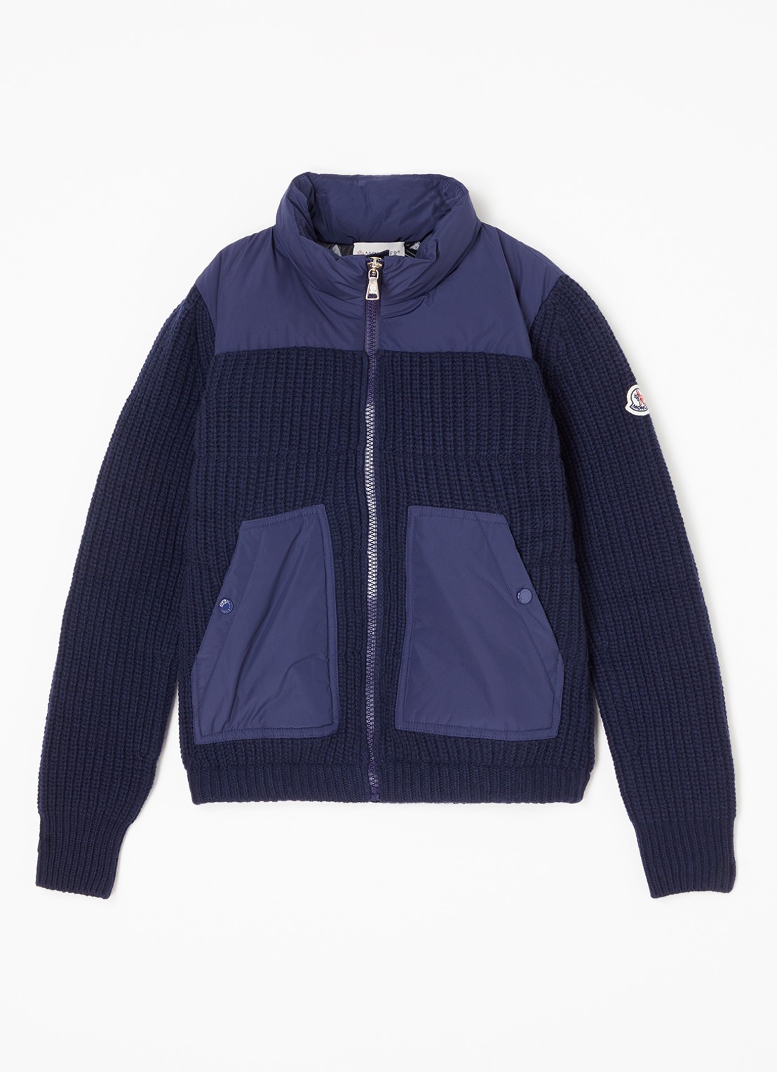 Moncler M1241 grofgebreid vest van wol met gewatteerde voorpand met donsvulling - voorkant 2 blauw