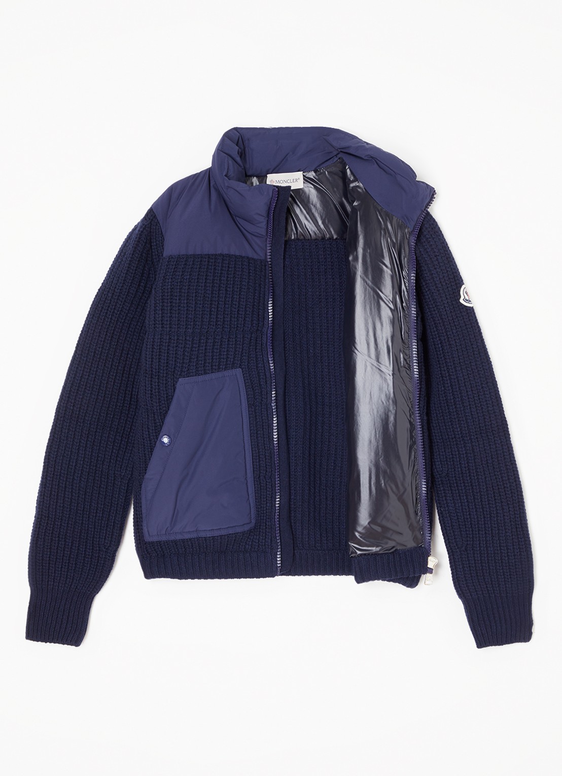 Moncler M1241 grofgebreid vest van wol met gewatteerde voorpand met donsvulling - voorkant 3 blauw