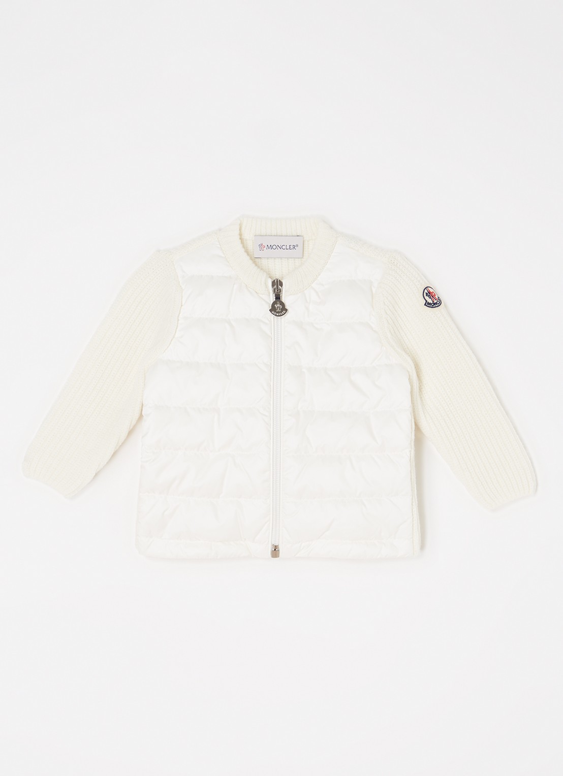 Moncler M1241 grofgebreid vest van wol met gewatteerde voorpand met donsvulling - voorkant wit